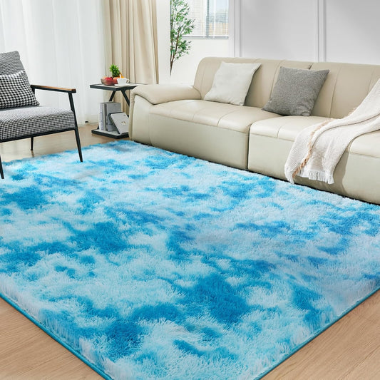 Ultra Soft Rug for Living Room, 3X5 Fluffy Shag Area Rug for Bedroom, Modern Shaggy Carpets Fuzzy Rug for Teens Dorm Nursery Home Decor Aesthetic, Upgrade Anti-Skid Durable, Tie-Dyed Blue