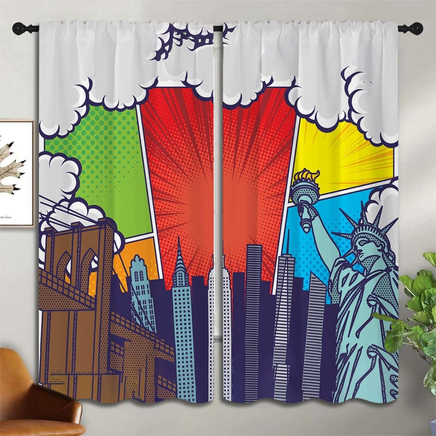 City Rod Pocket Blackout Curtains for Boy Girl Bedroom, Pop Art Style New York Cityscape Home Energy Efficient Light Filtering Window Curtain for Living Room, 63x63 inch
