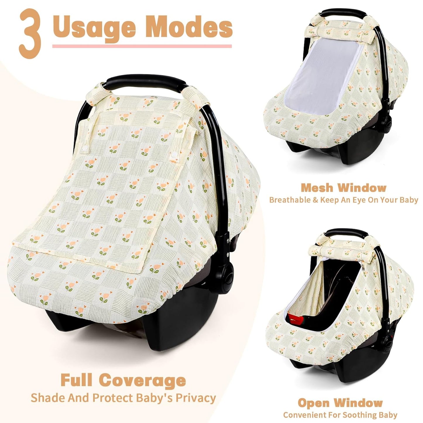 Car Seat Cover Baby, HNHUAMING Muslin Cotton Carseat Covers for Babies Girls Boys Summer Infant Car Seat Covers Canopy, Cozy Newborn Carseat Covers Stroller Cover with Breathable Mesh Window, Floral