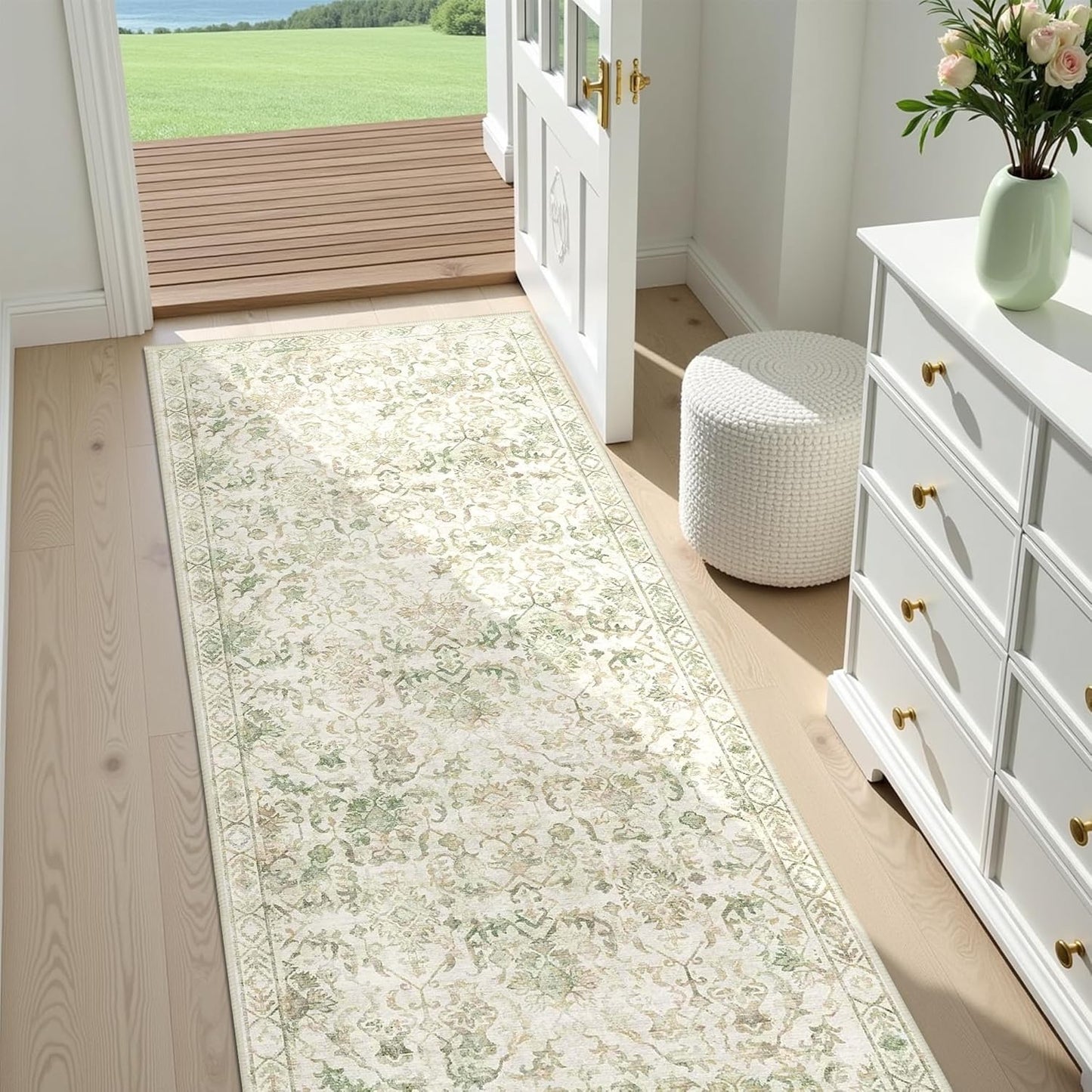 Green 2x6 Runner Rug for Hallways Bed Side Kitchen, Boho Washable Distressed Low-Pile Floor Entryway Long Bathroom Mat, Non-Slip Laundry Room Washstand Front Carpet Green 24x72 Inch