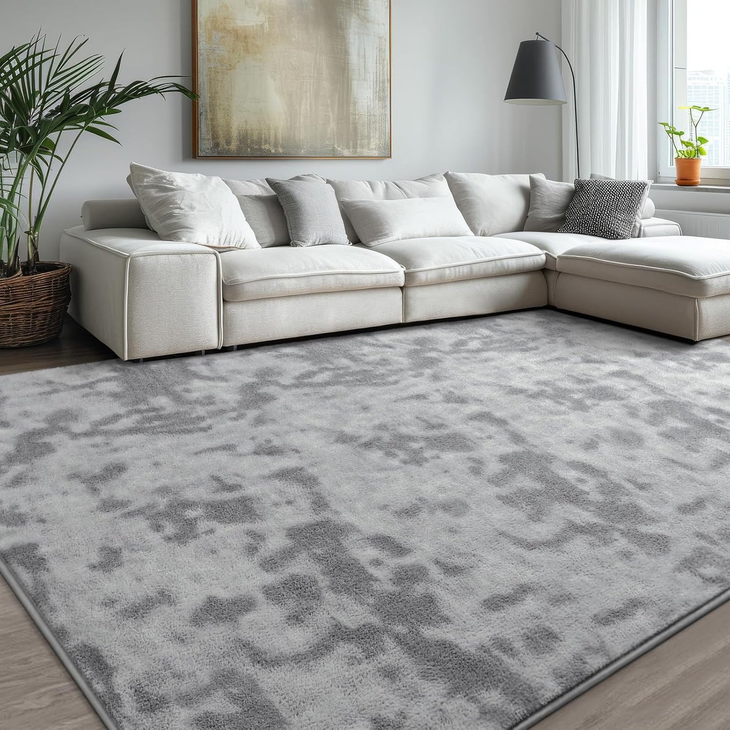 Kimicole 7x10 Washable Area Rugs for Living Room Bedroom, Large Low Pile Ulta-Thin Solid Color Rug, Non-Slip Soft Fluffy Carpet for Nursery Kids Room Dorm Room Home Decor (Light Grey)