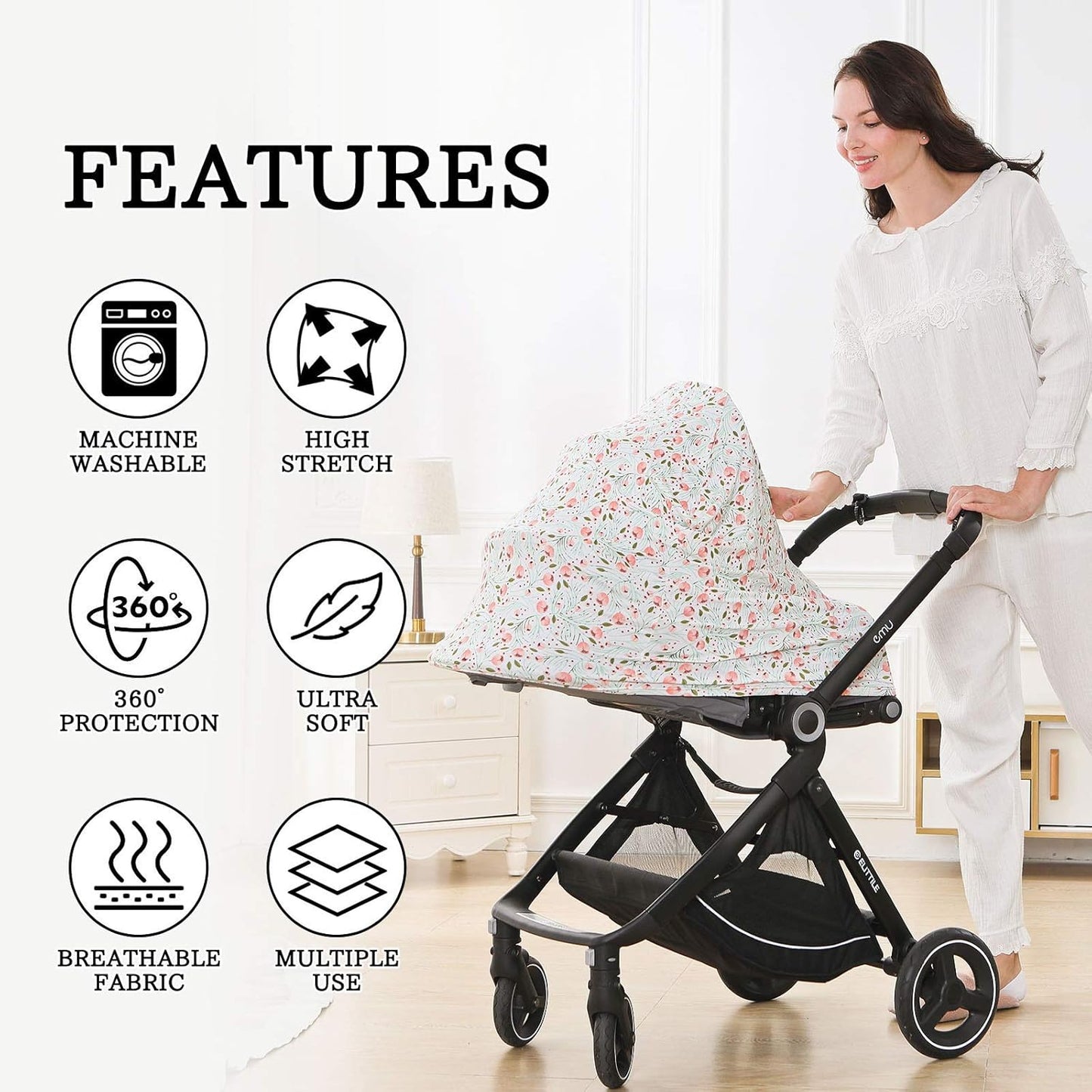 Stretchy Baby Car Seat Covers for Newborns, Infant Car Canopy Extra Soft and Stretchy Nursing Covers for Moms (Flowers)