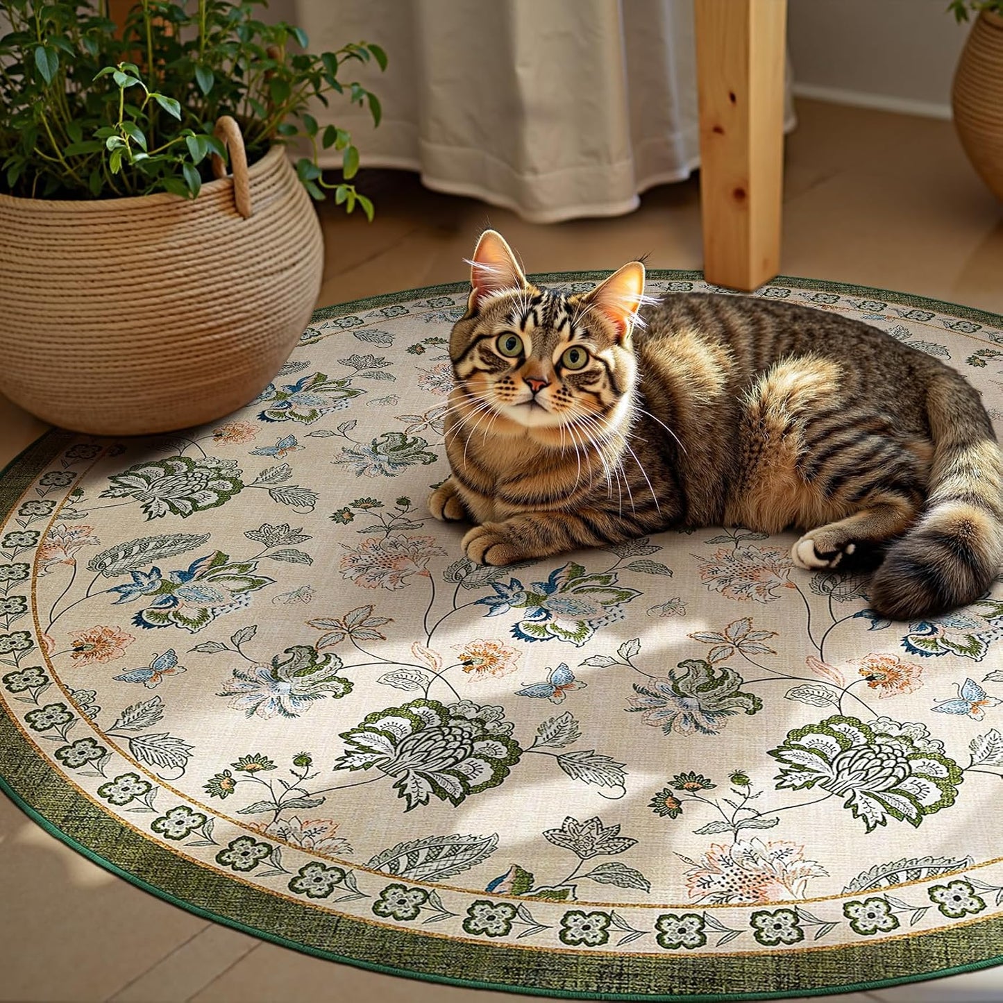 jinchan 4ft Floral Round Rug for Entryway Washable Kitchen Rug Vintage Romance Design Non Slip Indoor Doormat Lightweight Low-Profile Throw Carpet for Living Room Dining Room Bedroom, Green/Beige