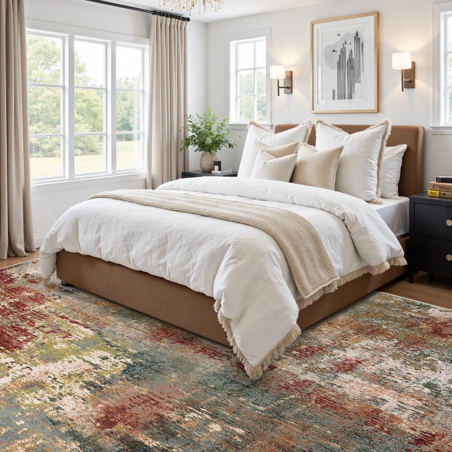 Washable Area Rugs 7'x9' Non-Slip Modern Abstract Soft for Living Room Entryway Bedroom Nursery, Print Pattern, Brown Rust Red Multi