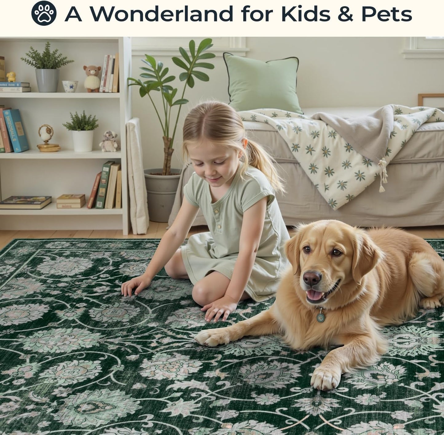 Floral 8x10 Area Rugs for Living Room, Washable Large Bedroom Rug, Soft Non Slip Carpet, Stain Resistant Low Pile Carpets for Indoor Under Table Dining Home Office Nursery, Dark Green