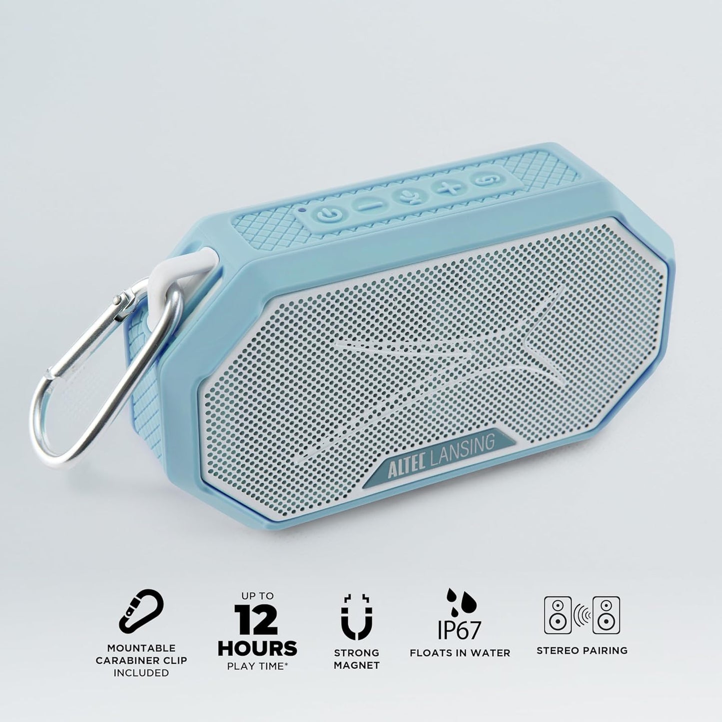 Altec Lansing Portable Bluetooth Speaker HYDRAMINI 2.0, IP67 Waterproof, Portable, 12h Playtime, Wireless Pairing, USB-C Quick Charge, Magnetic Bluetooth Speaker, Voice Assistant Integration
