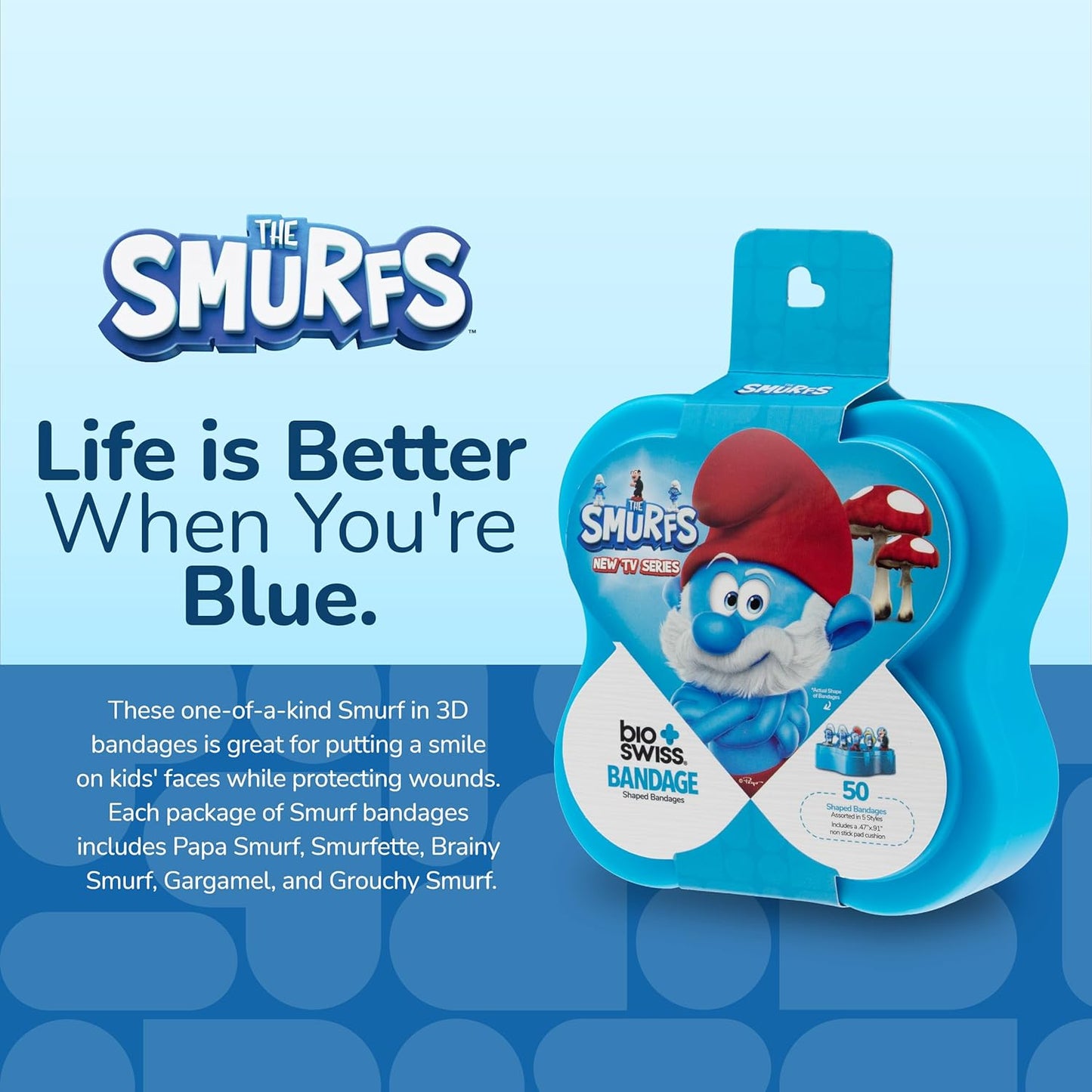 BioSwiss Bandages, The Smurfs in 3D Shaped Self Adhesive Bandage, Latex Free Sterile Wound Care, Fun First Aid Kit Supplies for Kids and Adults, 50 Count Plastic Case