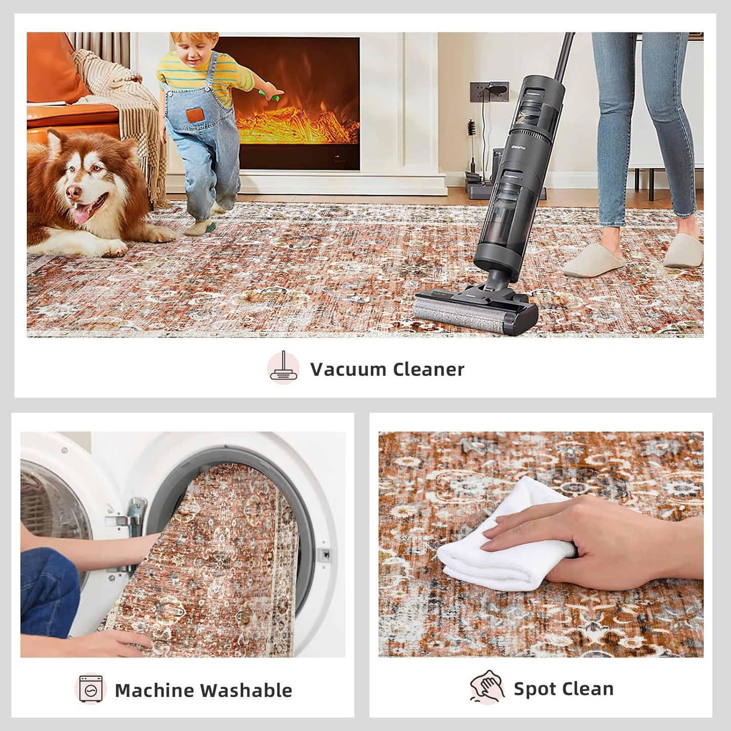 Vintage Runner Rug - 3x7 Distressed Brick Red, Non-Slip Kitchen & Bedroom Runner with Rubber Backing