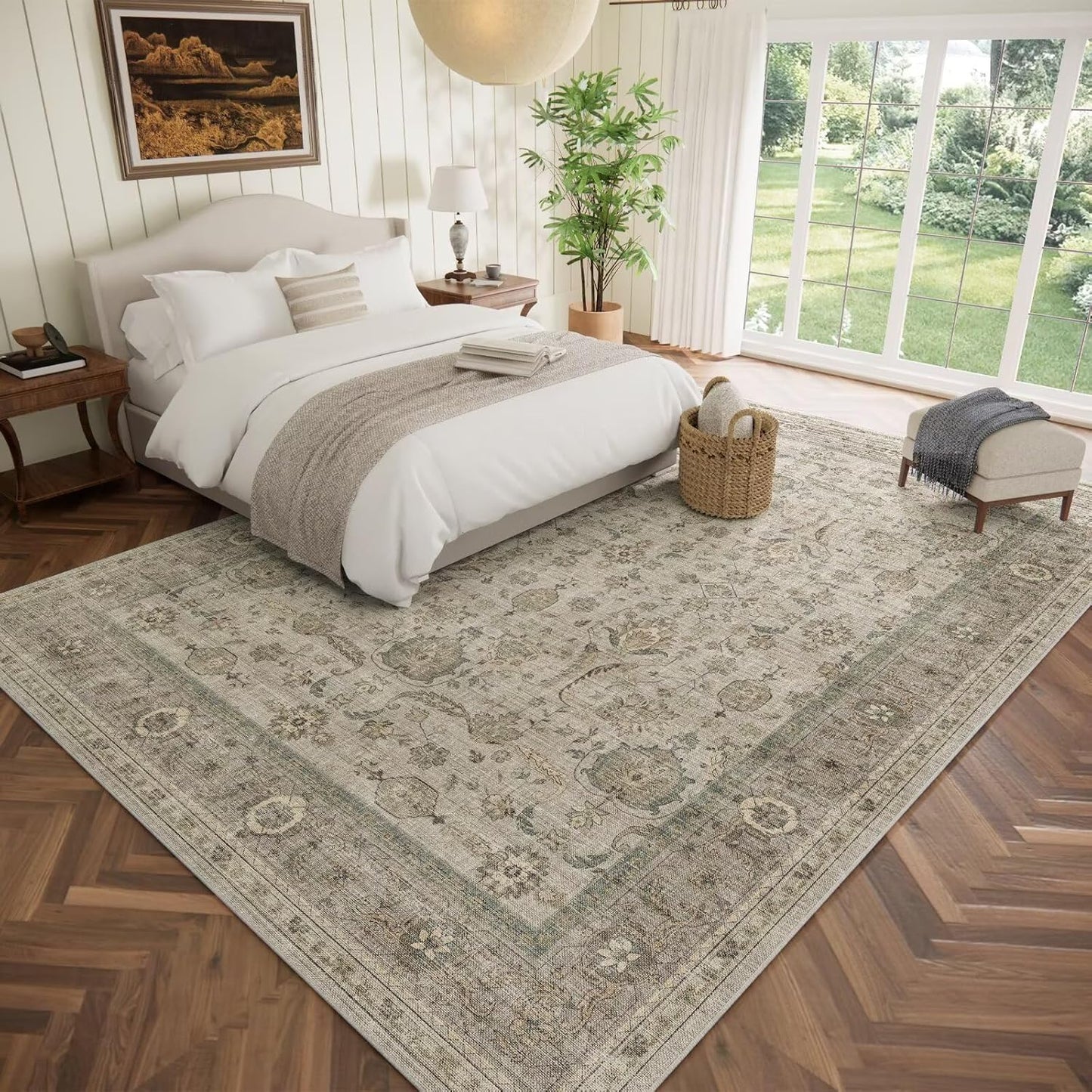 Washable 10x14 Area Rugs for Living Room, Boho Non-Slip Silicone Backing Rugs for Bedroom Dining Room Office, 0.3" Neutral Oriental Throw Carpet with 0.16" Cushioning Pad, Light Brown/Multi