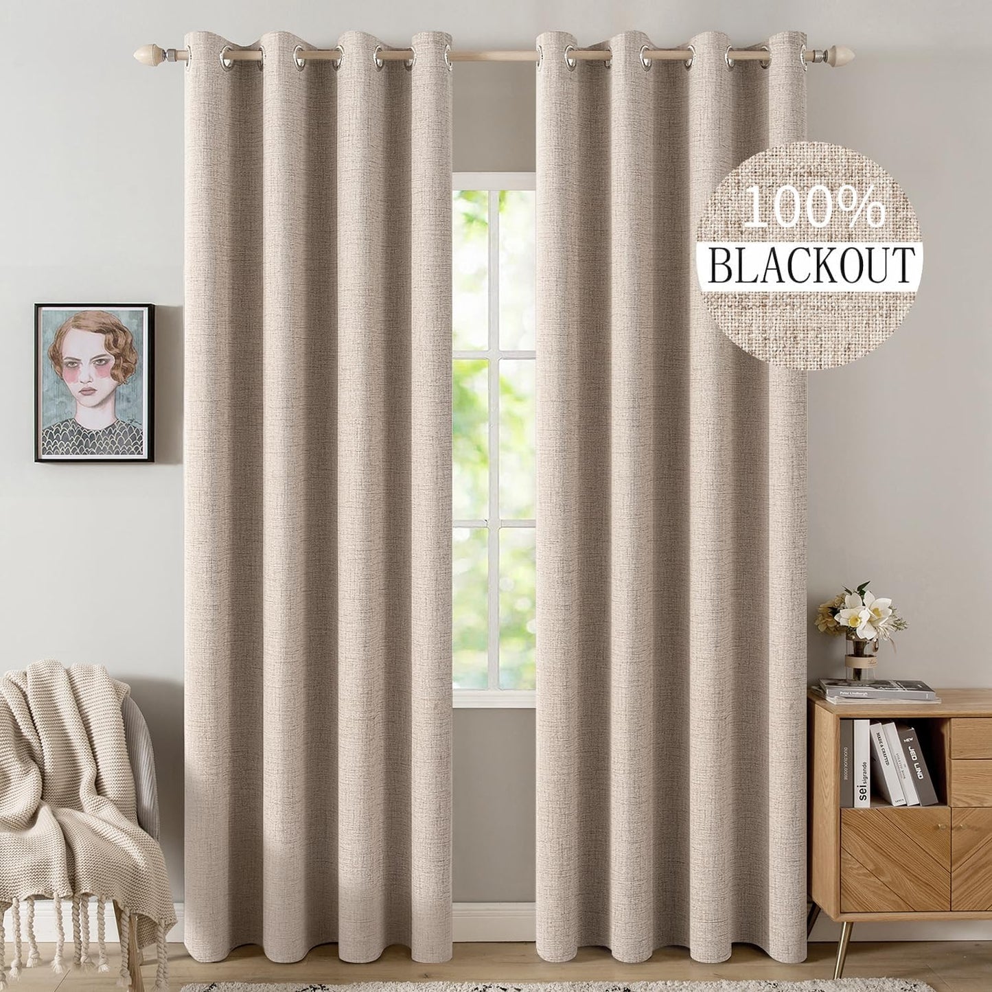 MIULEE 90 Inches Linen Textured Curtains for Bedroom 100% Blackout Thermal Insulated Natural Beige Grommet Room Darkening Curtains & Drapes Luxury Decor for Living Room Nursery 52 x 90 Inch (2 Panels)