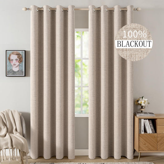 MIULEE 90 Inches Linen Textured Curtains for Bedroom 100% Blackout Thermal Insulated Natural Beige Grommet Room Darkening Curtains & Drapes Luxury Decor for Living Room Nursery 52 x 90 Inch (2 Panels)