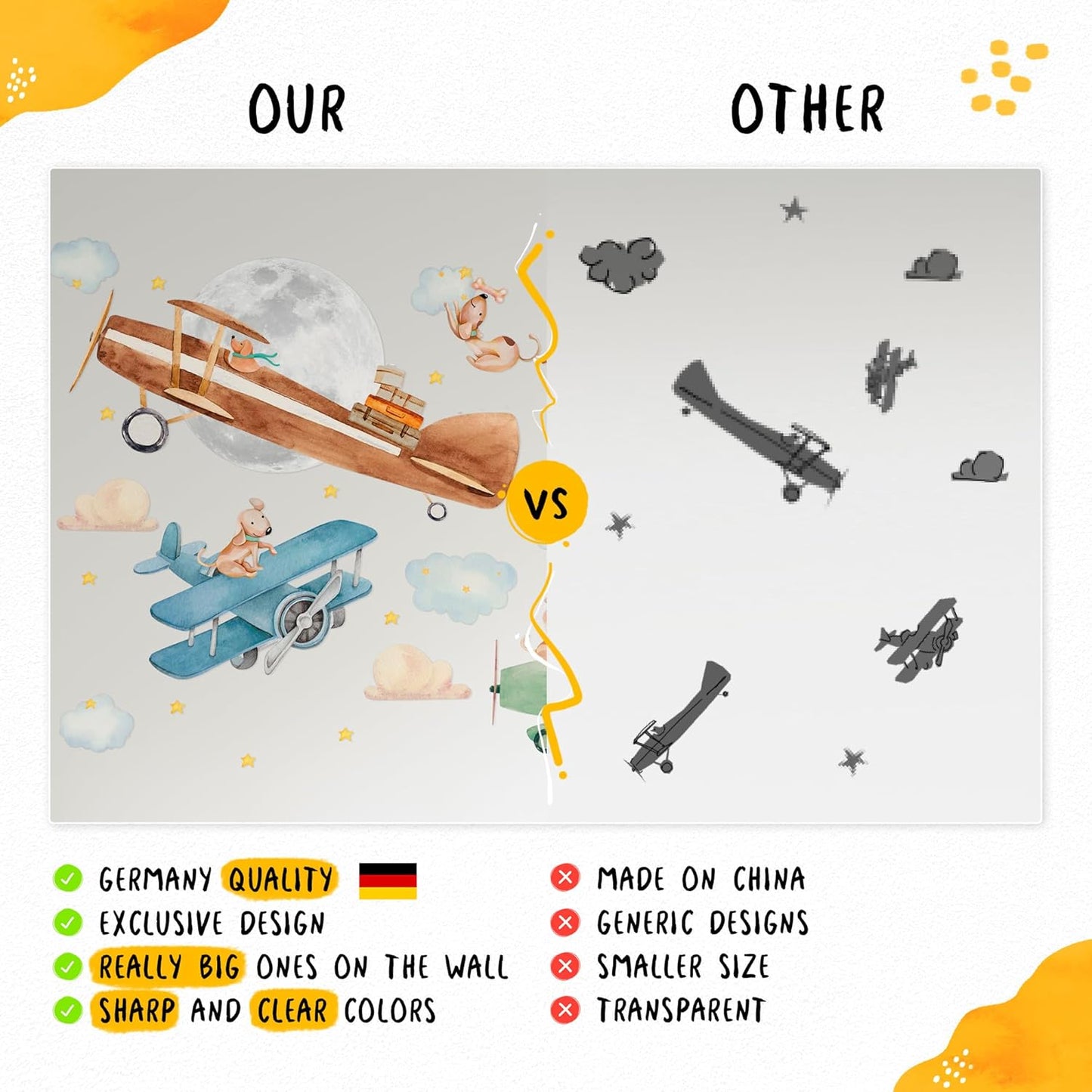 Airplane Wall Decals by Lipastick - Wall Decals for Boys Bedroom, Watercolor Vintage Plane Stickers for Kids, Boys Room, Baby Nursery, Toddler Decor - Premium Vinyl Aircraft Art