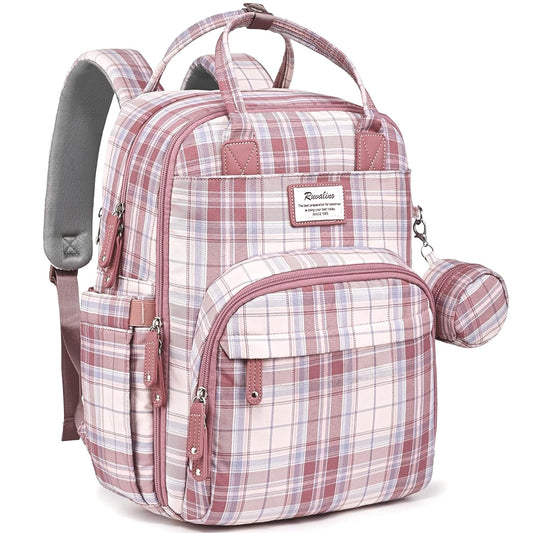 RUVALINO Diaper Bag Backpack, Multifunction Travel Pack Maternity Baby Changing Bags, Large Capacity, Waterproof, Pink Plaid