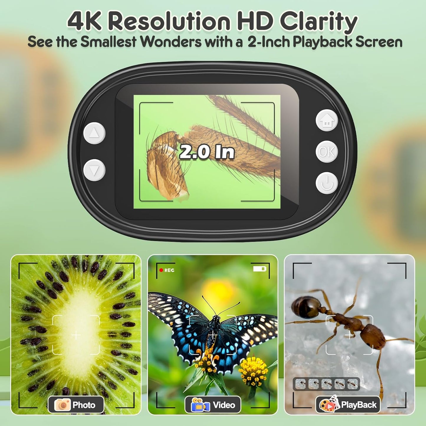 1000X Handheld Microscope for Kids 4K 2.0" Screen Rechargeable Mini Pocket Digital Microscopes w/Slides Kit Portable Edu Gift Age 4-6 8-12 Children Students (White)