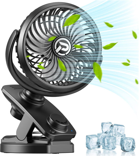 Clip On Table Fan, 5000mAh Rechargeable Battery Operated, Max 40Hrs Cooling, Stepless Speeds Control, Auto Oscillation, Portable for Golf Cart Stroller RV Camping Outdoor Travel Hurricane