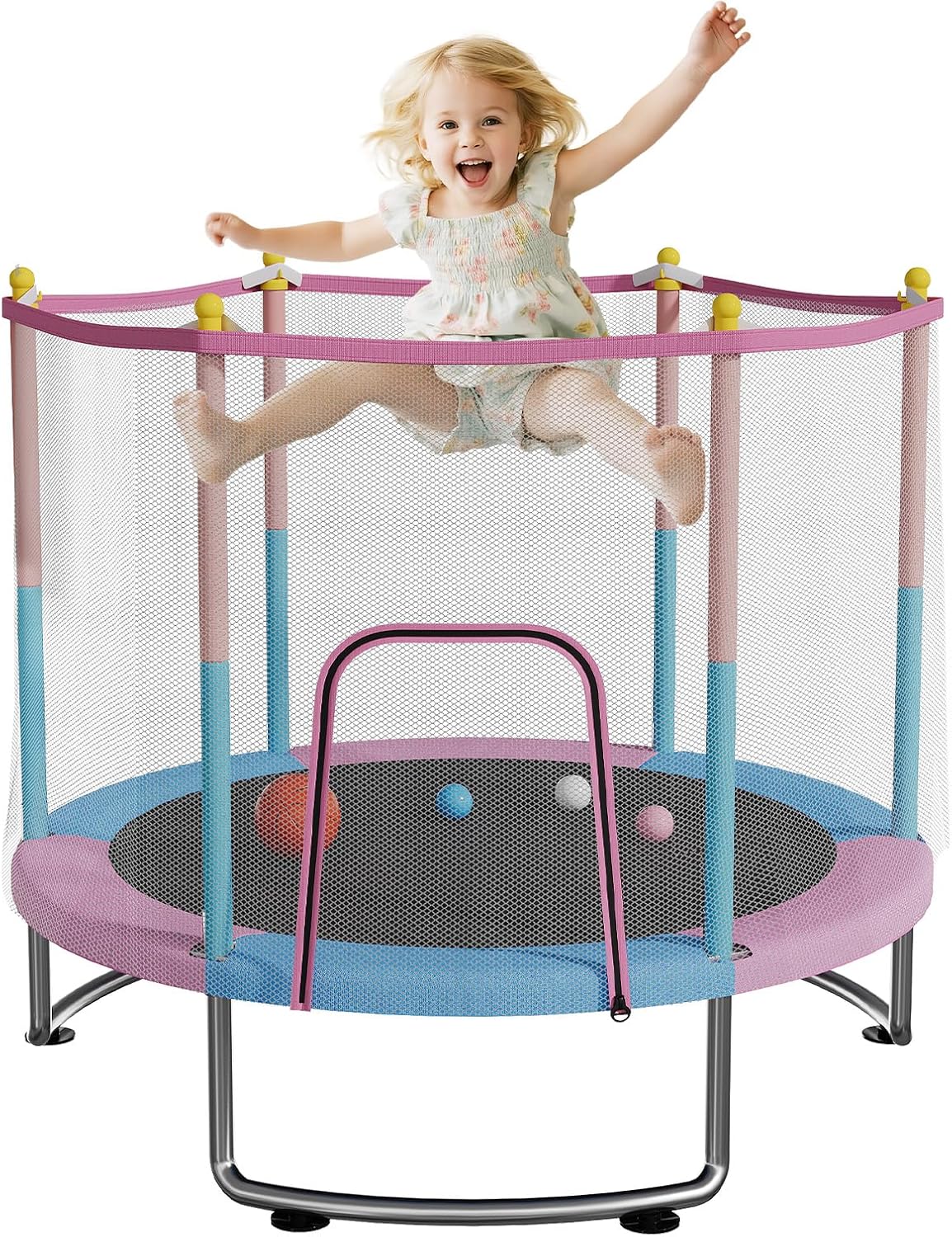 Kids Trampoline with Safety Net – 440lbs Capacity, Upgraded Rust-Proof Ring Legs, Adjustable Gymnastics Bar & Toys – Indoor Outdoor Toddler Trampoline for Boys & Girls Ages 1-8
