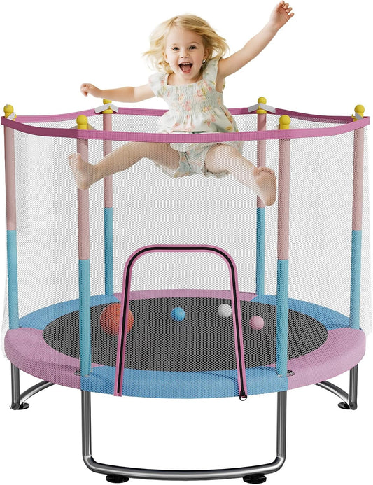 Kids Trampoline with Safety Net – 440lbs Capacity, Upgraded Rust-Proof Ring Legs, Adjustable Gymnastics Bar & Toys – Indoor Outdoor Toddler Trampoline for Boys & Girls Ages 1-8