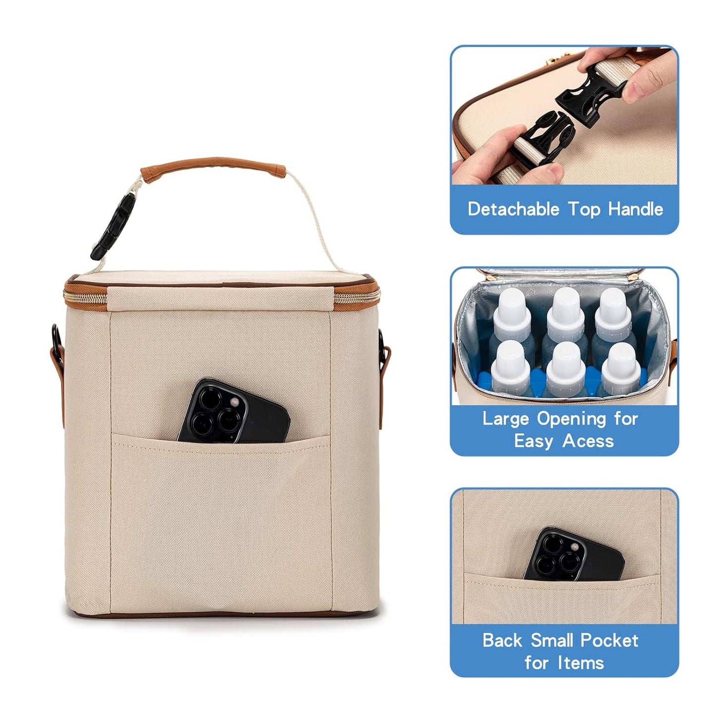 Breastmilk Cooler Bag with Ice Pack Fits 6 Baby Bottles Up to 9 Ounce, Baby Bottle Bag with Shoulder Strap for Nursing Mom Daycare, Cream
