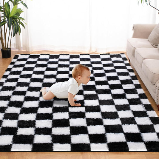 Super Soft Rug for Bedroom, 3x5 Ft Black and White Area Rug Classic Checkered Shaggy Anti-Skid High Pile Soft Fluffy Rug Fuzzy Carpet for Living Room Bedroom Kids Room Nursery, Dorm Home Decor