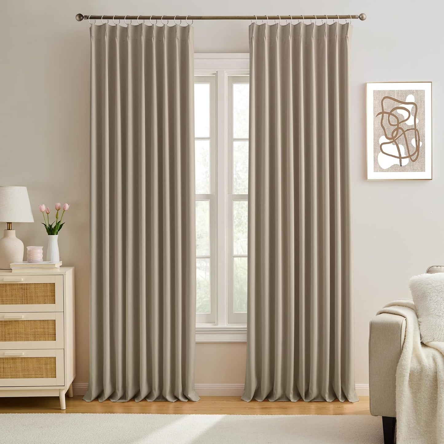 KEQIAOSUOCAI 60 Wide Pinch Pleated Window Curtain Panels 102 Inches Long Custom Made Pleated Curtains Hooks Track Privacy Memory Shape Drape for Living Room,Khaki, Set of 2=120 Inch Wide