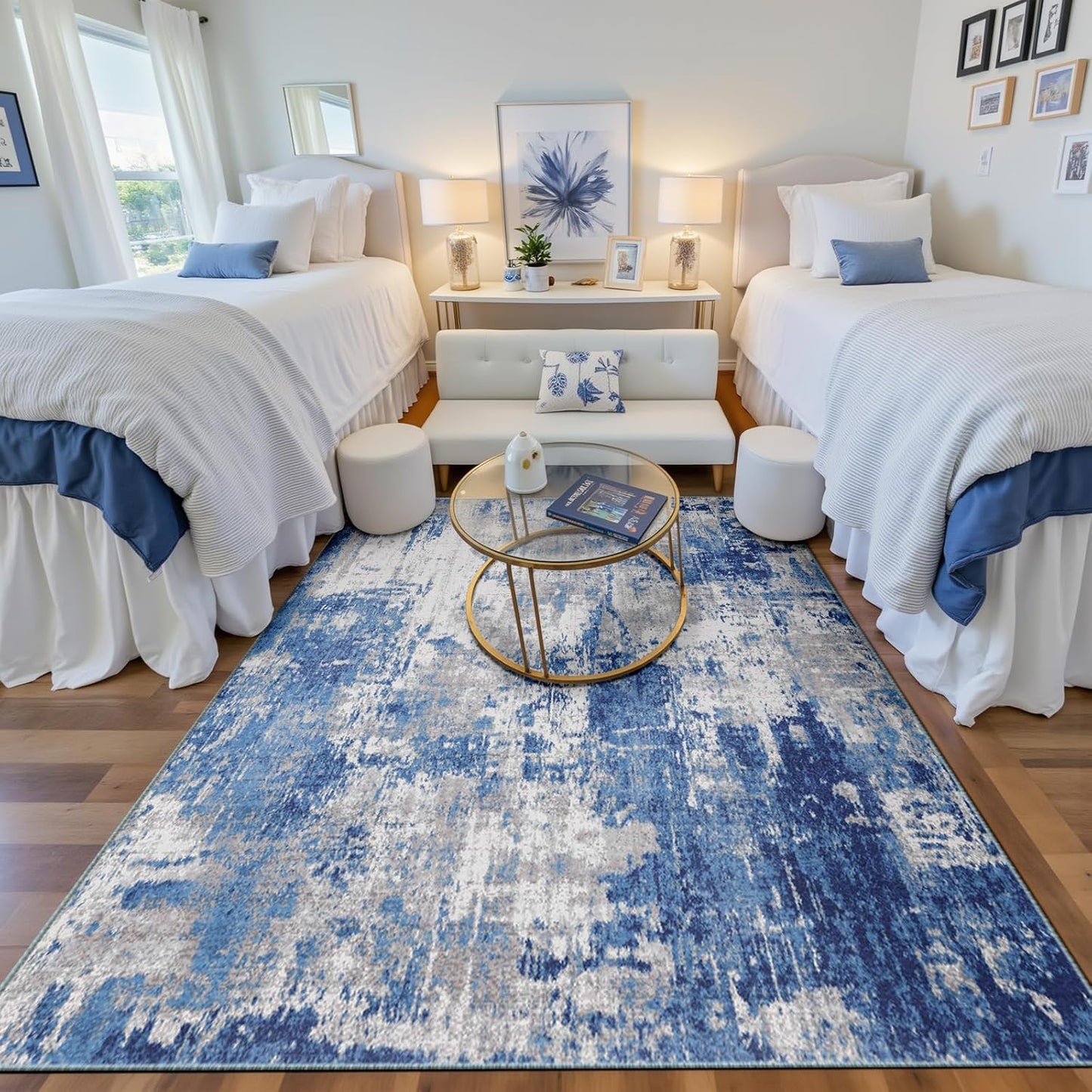 Washable Area Rugs 4'x6' Non-Slip Modern Abstract Soft for Living Room Entryway Bedroom Nursery, Print Pattern, Blue Grey Navy Gray