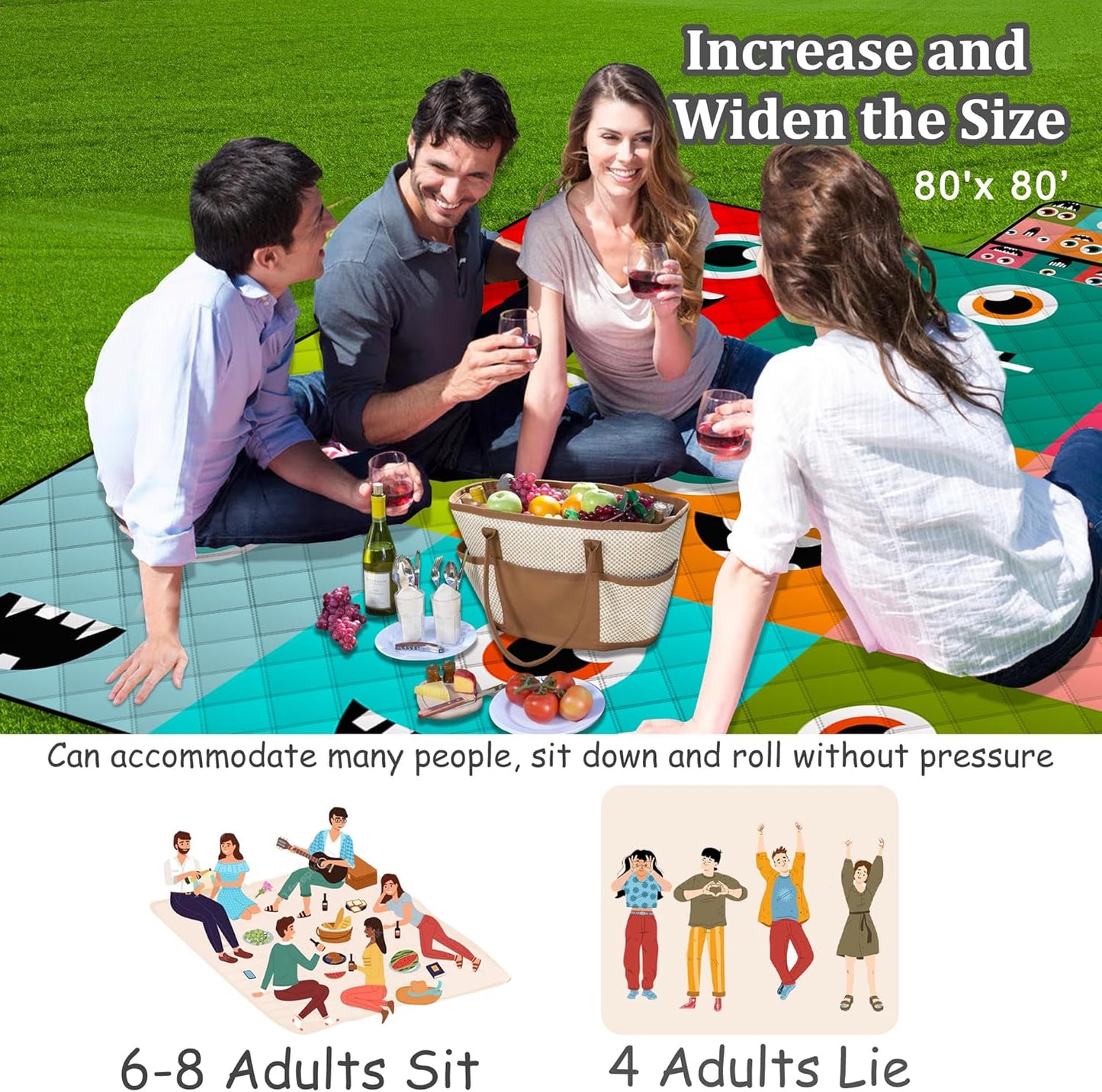 Extra Large Picnic Blanket Waterproof,80"x 80"Foldable Machine Washable Beach Blankets,Outdoor Blanket for 6-8 Adults,Picnic Mat Suitable for Indoor Crawling,Park Beach,Camping,Hiking,Travel (Face）