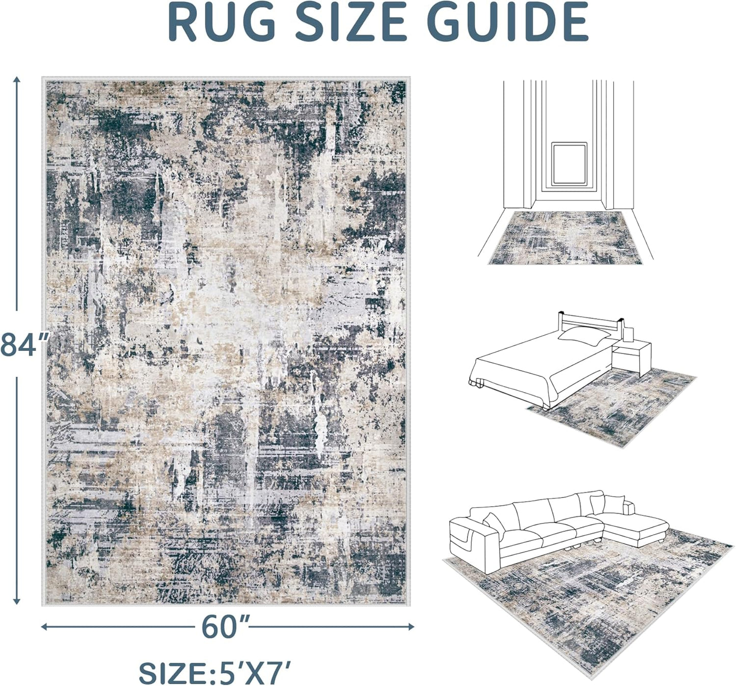 Area Rugs 5x7 Living Room: Washable Rug Modern Abstract Rugs Soft Non Slip Neutral Rug Stain Resistant Indoor Carpet for Bedroom Kitchen Dining Room Nursery Home Office Rugs(Black Brown,5'x7')