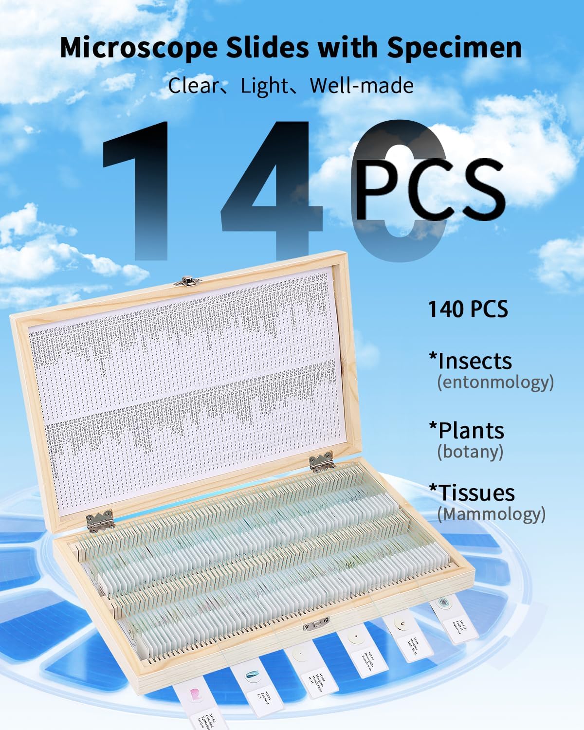140-Pcs Microscope Slides with Specimens,Pre-Made Glass Slides with Specimens,Educational Microscope Slides and Covers for Young Scientists,Perfect for Biology Class and Experiments