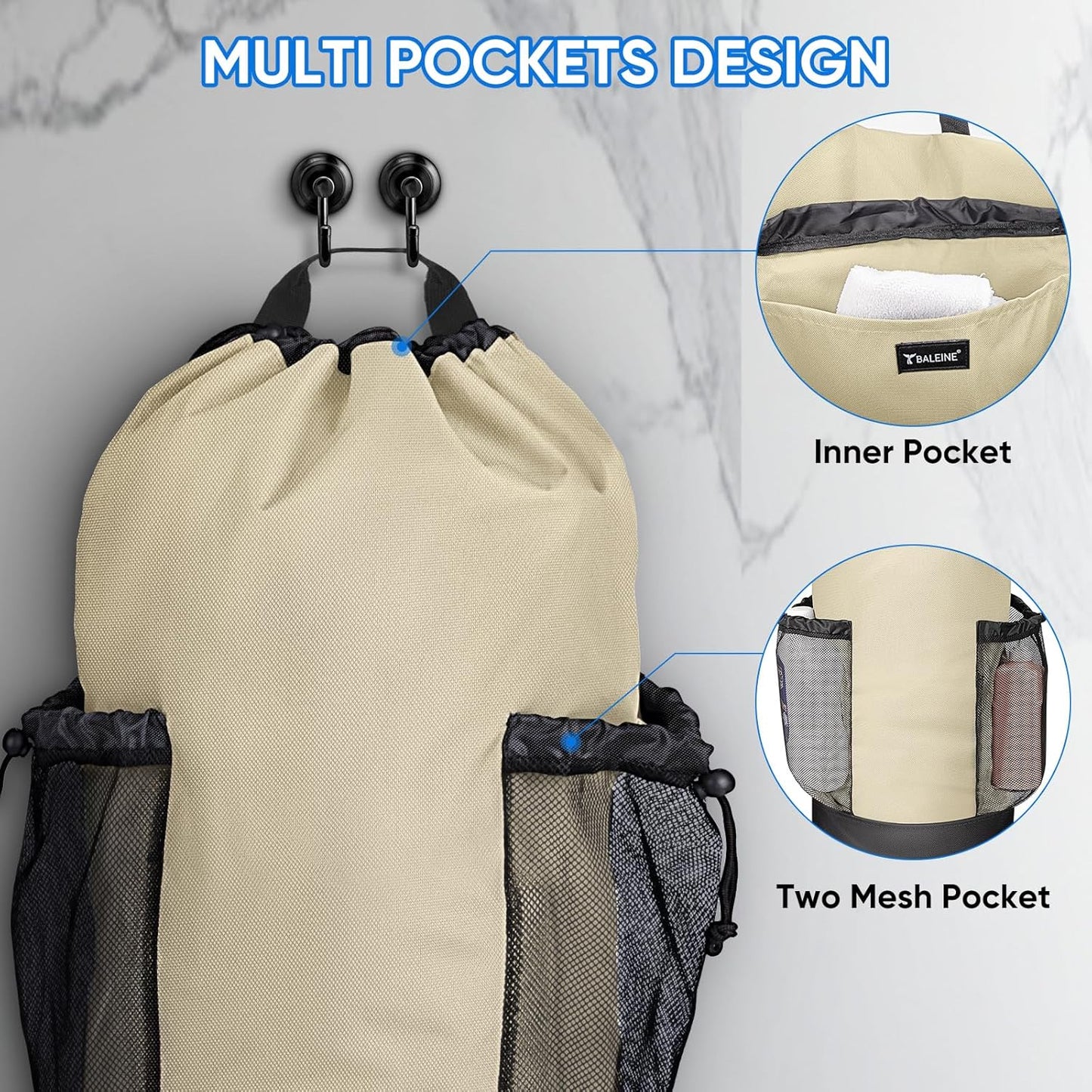 BALEINE 150L Laundry Bag Backpack, 900D Oxford Fabric Large Travel Laundry Bags with Shoulder Straps and 2 Mesh Pockets for College Dorm, Apartment, Laundromat (Beige, 150L)