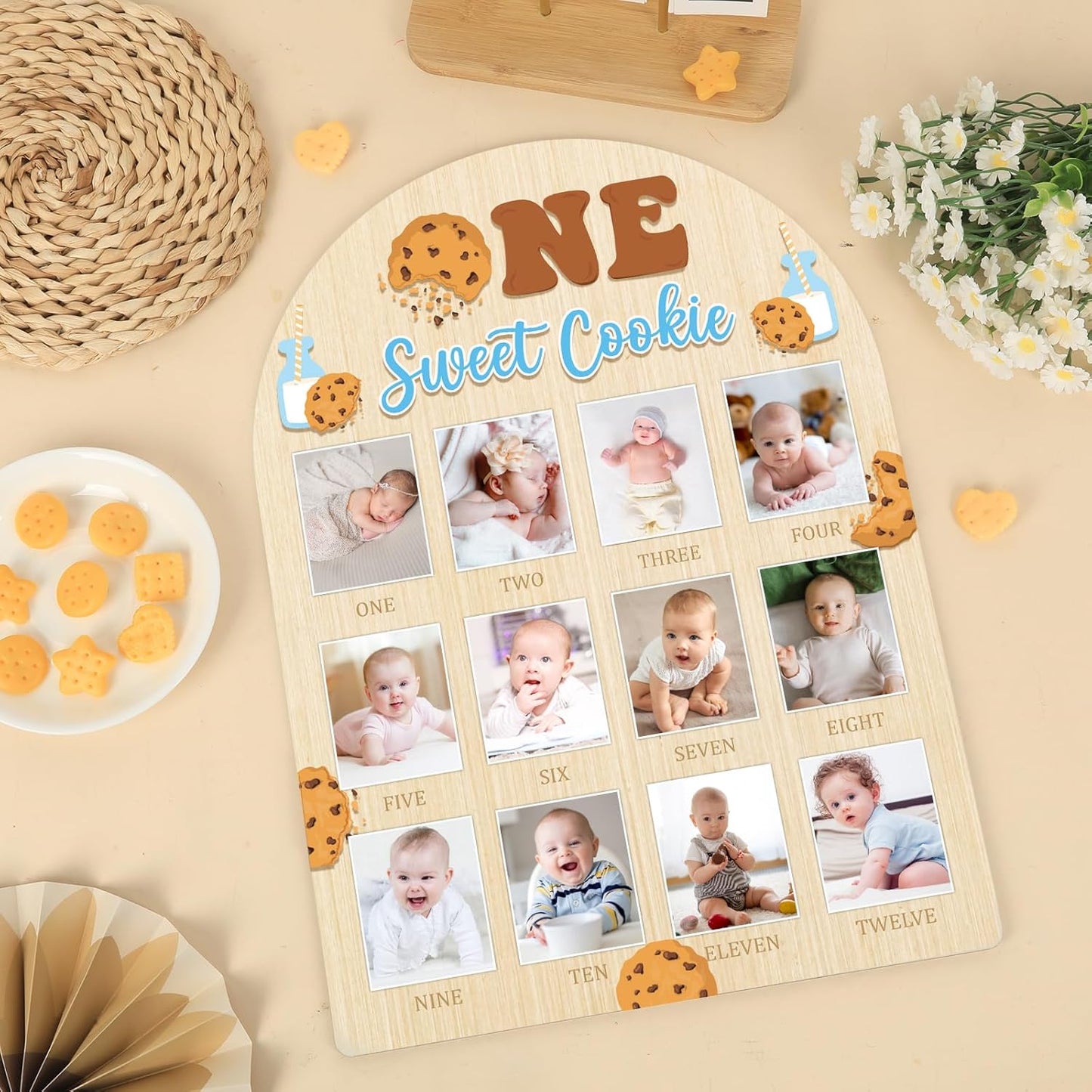 One Sweet Cookie Photo Board Milk and Cookies Birthday Party Wooden Board Decorations 12 Monthly Milestone Picture Frame One Year Old Wood Sign 1st Birthday Photo Banner for Baby Keepsake Gift Supply