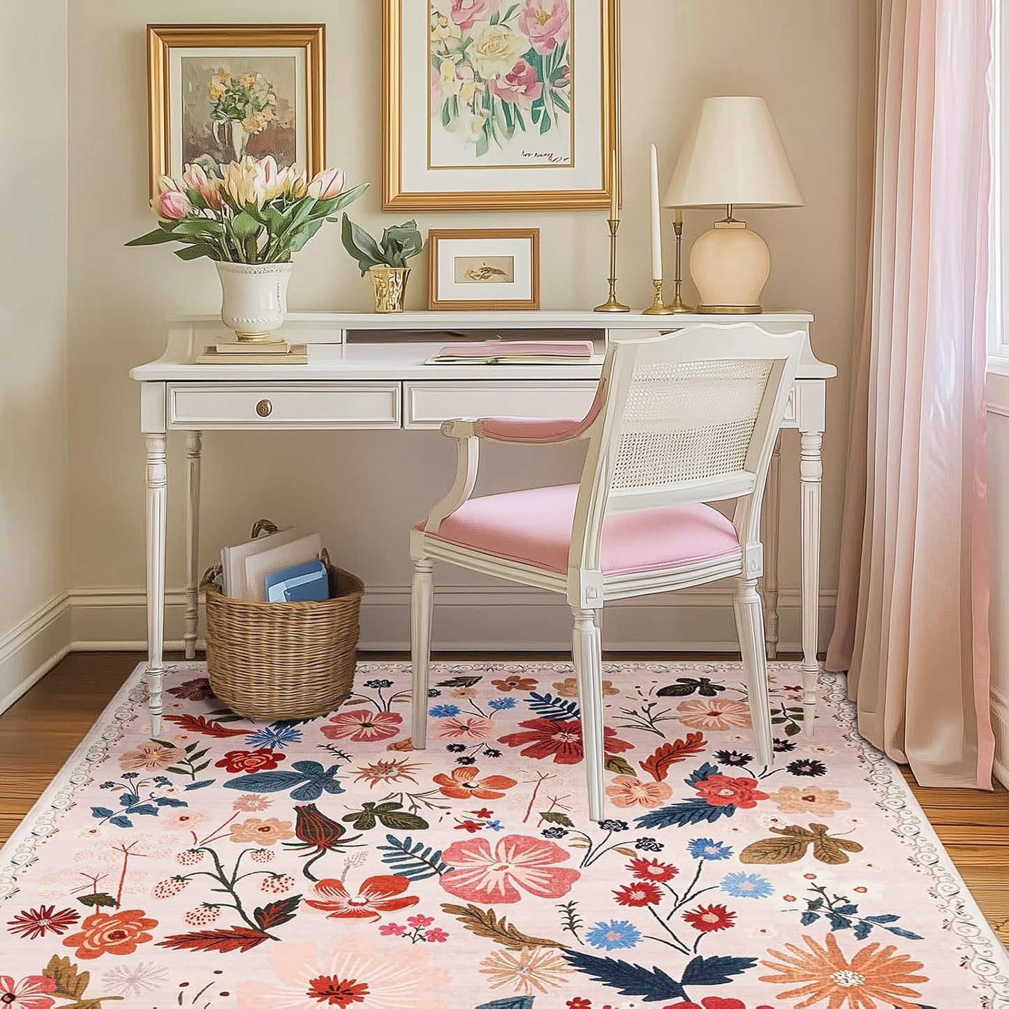 Boho Floral Area Rugs 5x7 Soft Washable Stain Resistant Indoor Floor Carpet Rug Vintage Beige Low Pile Non Slip Rug Spring Farmhouse for Living Room Bedroom Dining Room Playroom Nursery Family Room