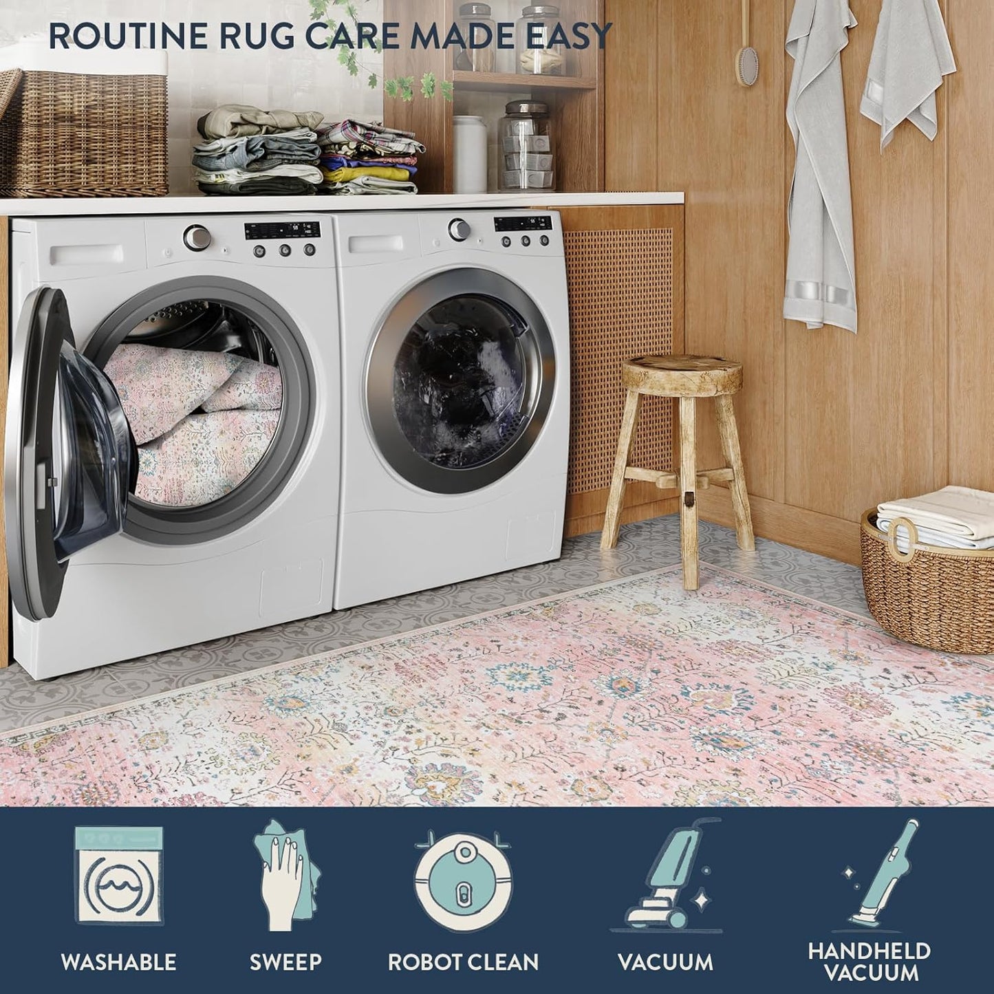 Lahome Light Pink Boho Rug, 6x9 Washable Rugs for Bedroom Girls, Soft Floral Kids Carpet with Non-Slip Backing for Nursery Playroom Kids Room