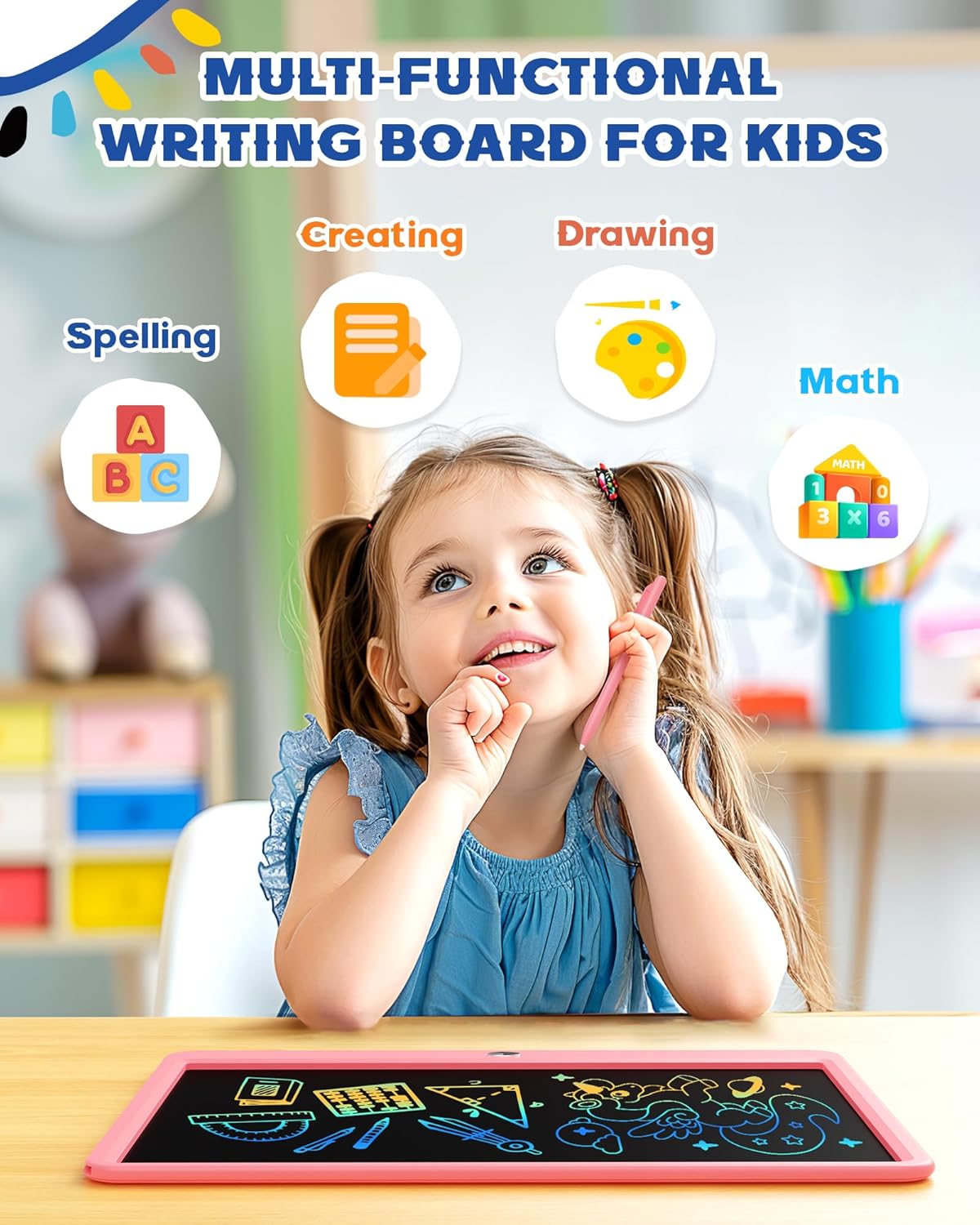 Bravokids 15 Inch LCD Writing Tablet for 3 Year Olds - Electronic Drawing Pad and Doodle Board as Educational Birthday Gifts for Girls and Boys (Pink)