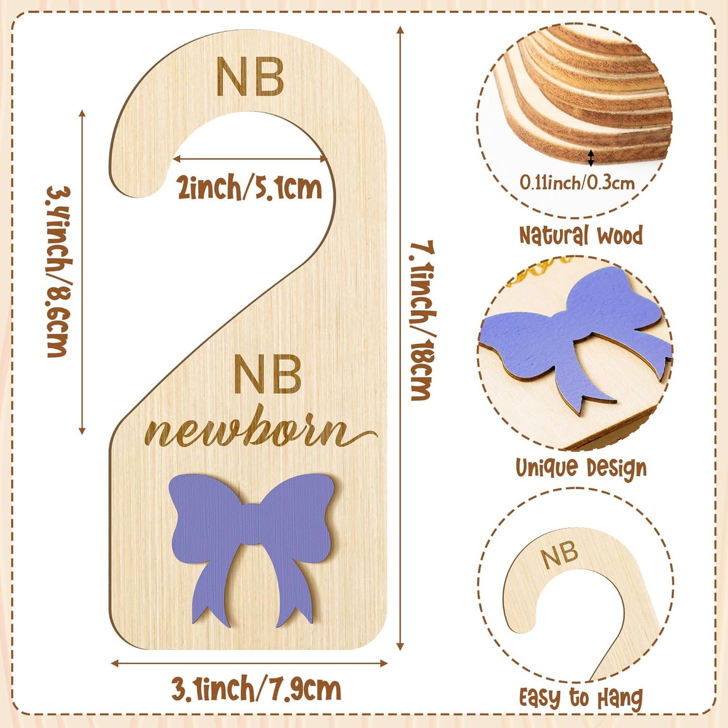 R HORSE Wooden Baby Closet Dividers - 8Pcs Double-Sided 3D Purple Bow Baby Closet Organizer Newborn Clothes Size Hanger Dividers Nursery Decor Baby Shower Birthday Gift for Boy Girl (0-24 Months)
