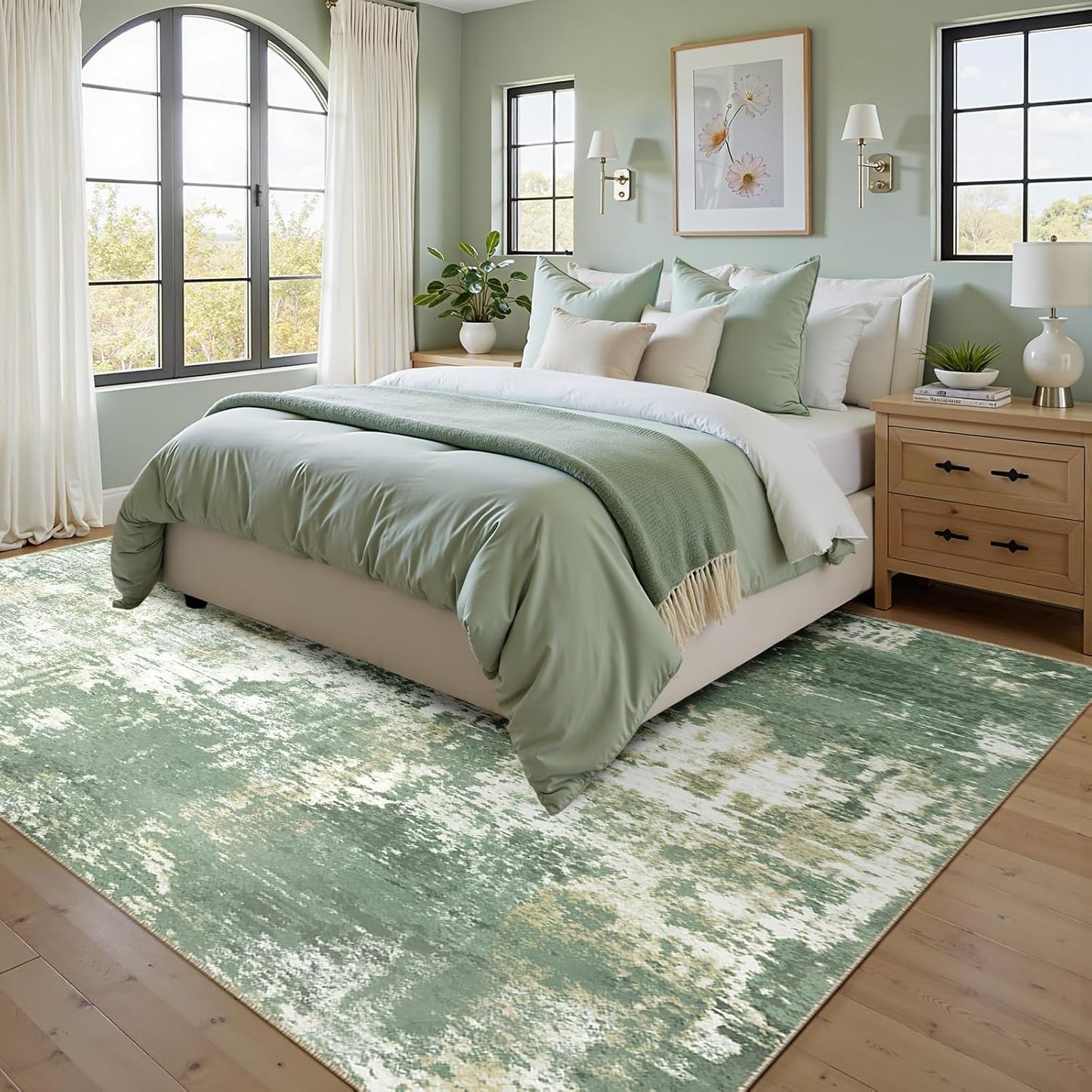 Washable Area Rugs 8'x10' Non-Slip Modern Abstract Soft for Living Room Entryway Bedroom Nursery, Print Pattern, Light Green/Yellow