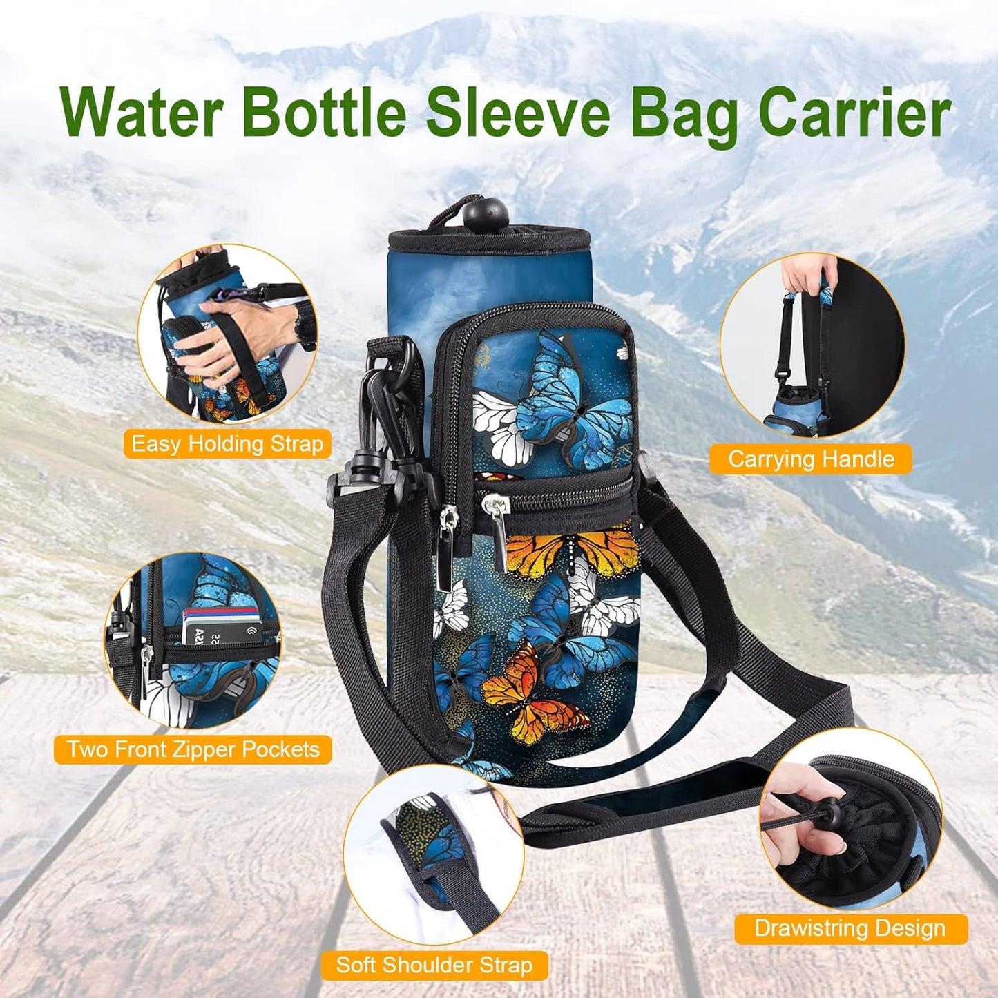 25/32/40/64oz Water Bottle Bag Holder Carrier-Insulated Crossbody Sling Case Sleeve with Strap & Pockets for Men Women Gym Cycling Travel Walking Hiking Camping