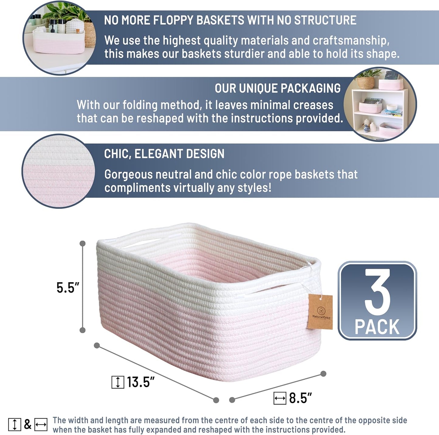 NaturalCozy 13.5”x8.5”x5.5” Rectangle Storage Baskets for Shelves 3 Pack | Cotton Rope Woven Small Baskets for Organizing | Small Storage Bins for Nursery, Bathroom, Closet, Shelf, Decorative