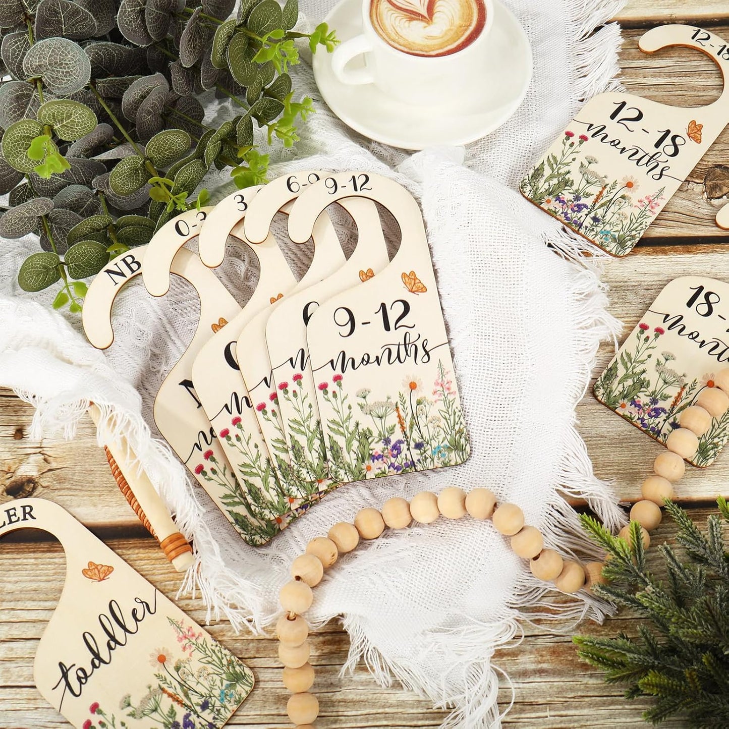 Whaline 8Pcs Wildflower Baby Closet Size Dividers Vintage Floral Leaves Hanging Wood Baby Closet Organizer Newborn to 24 Months Thicken Baby Wardrobe Organizer for Home Nursery