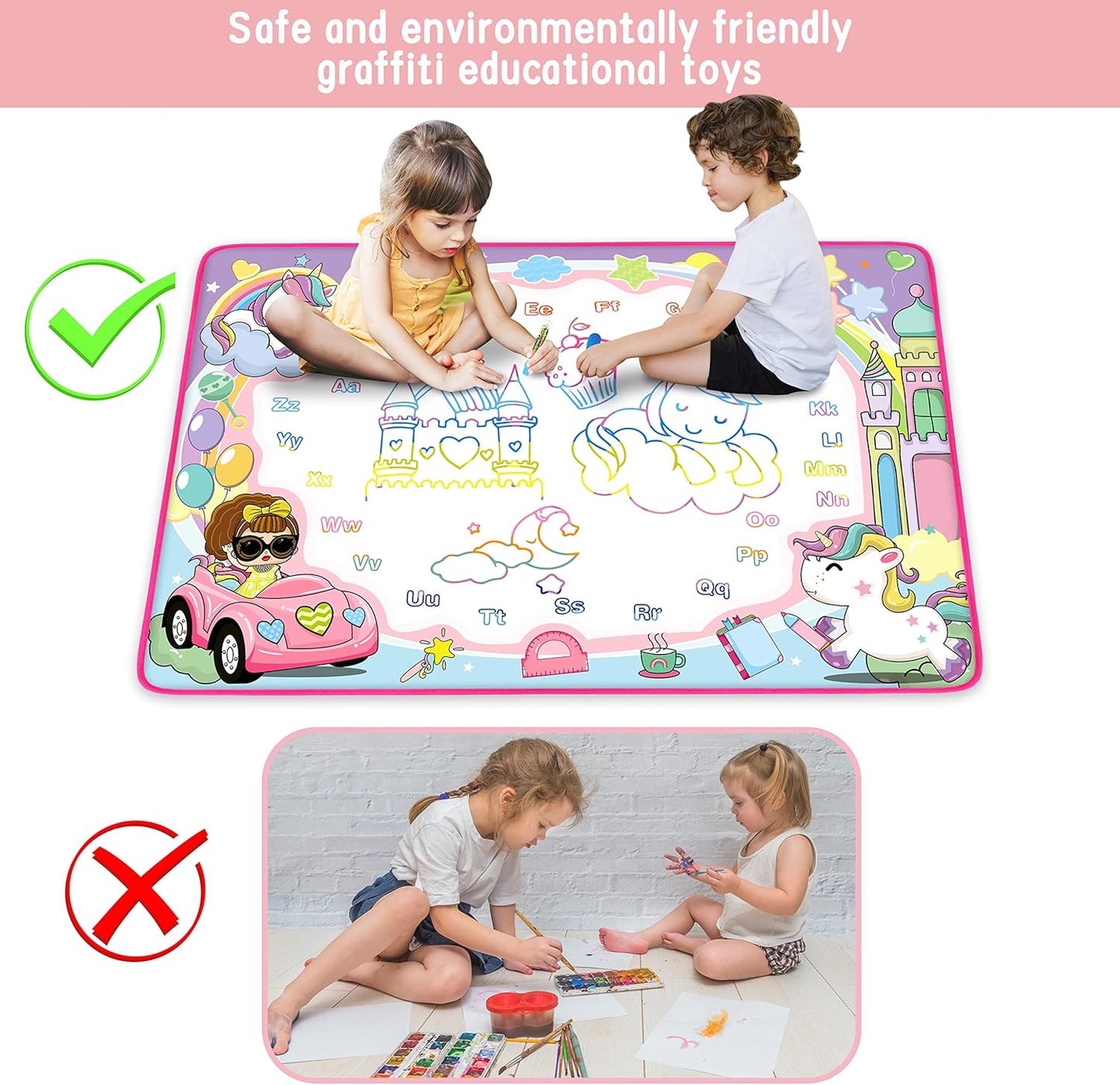 Water Doodle Mat- Kids Painting Writing Doodle Board Toy - Color Drawing Mat Bring Magic Pens Educational Toys for Age 3 4 5 6 7 8 9 10 Year Old Girls Boys Toddler Present