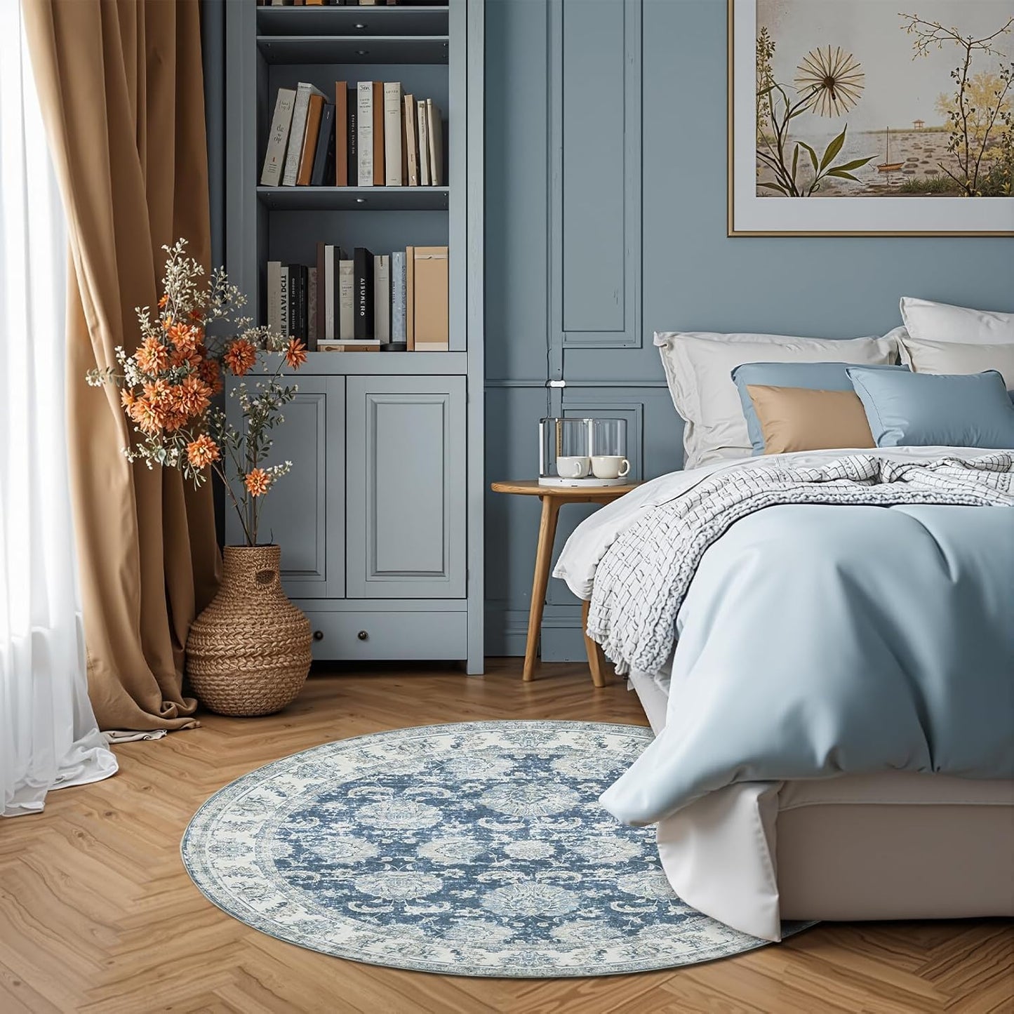 jinchan Round Rug 4ft Area Rug - Indoor Vintage Hallway Circle 4' Washable - Ultra-Thin Low Pile Soft Small Non Slip Distressed Floral Print for Living Room Dining Room Bedroom Entryway Dark Blue