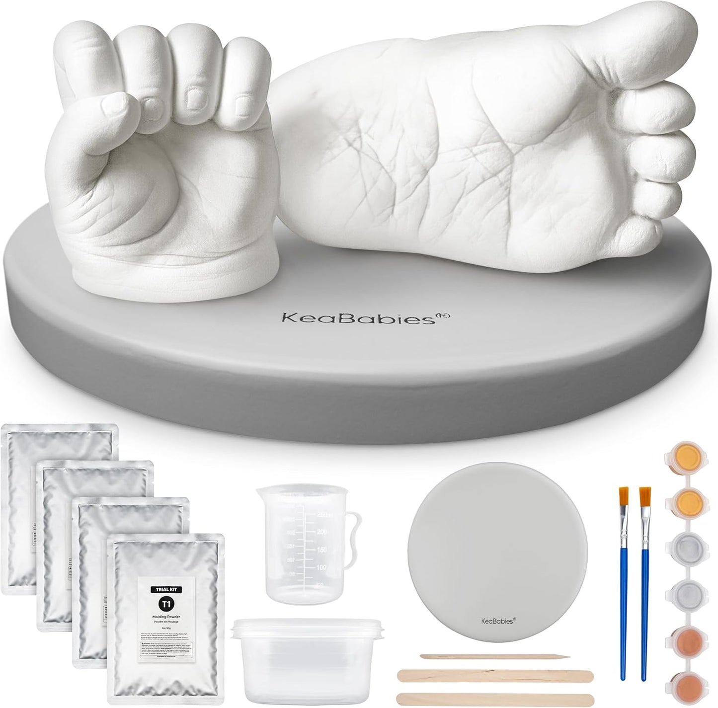 KeaBabies Baby Casting Kit Hands and Feet Mold - 3D Newborn Hand Casting Kit & Stylish Wood Base, Easy DIY Infant Foot Molds 0-9 Months,BPA-Free Baby Keepsake,Shower Gifts for Moms (Round, Cloud Gray)