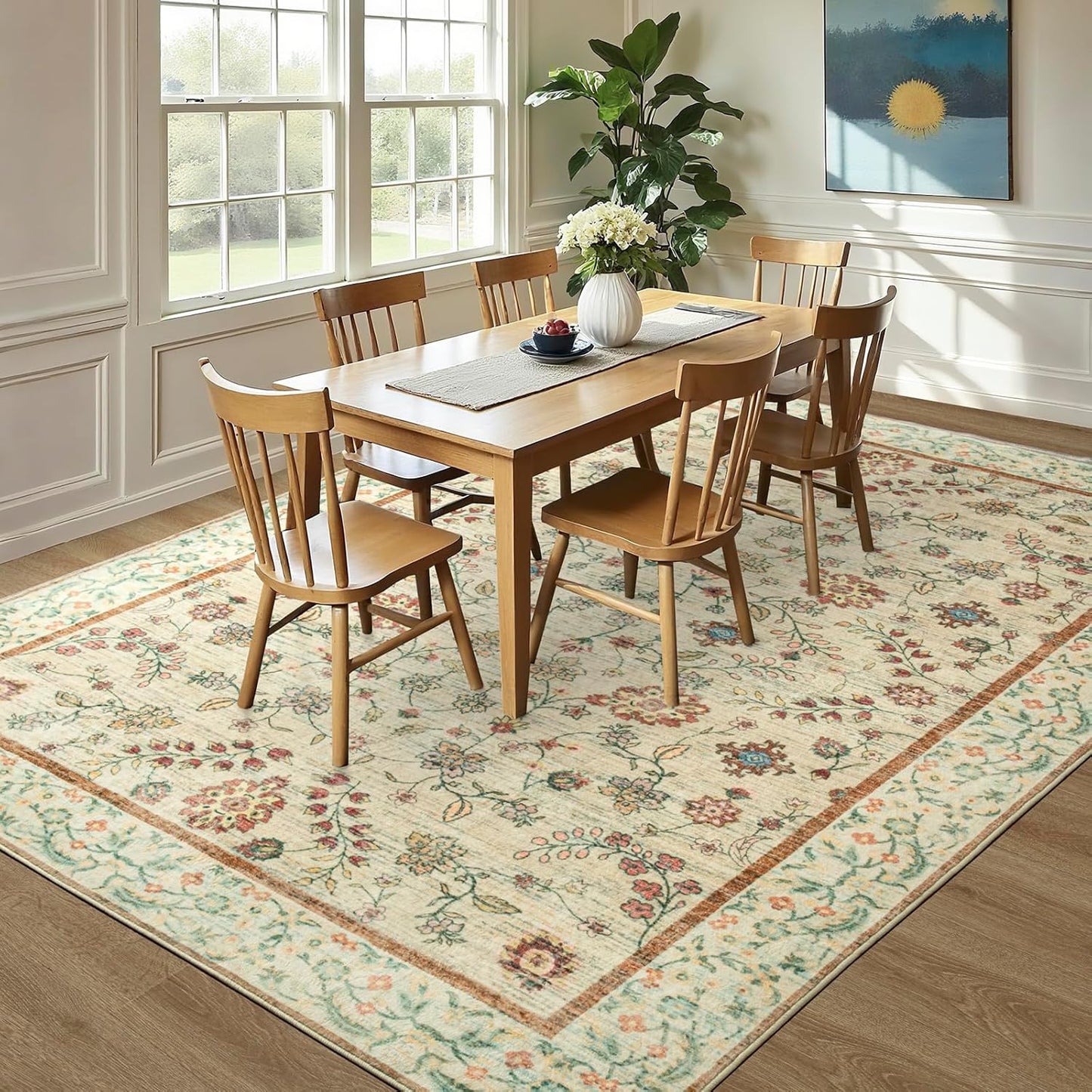 LOCHAS Washable Area Rugs 8x10, Beige Floral Rug for Living Room Bedroom Non Slip, Ultra Soft Vintage Indoor Carpet for Kids, Nursery, Dorm, Dining Room, Classroom, Boho Flower Home Decor, Low-Pile