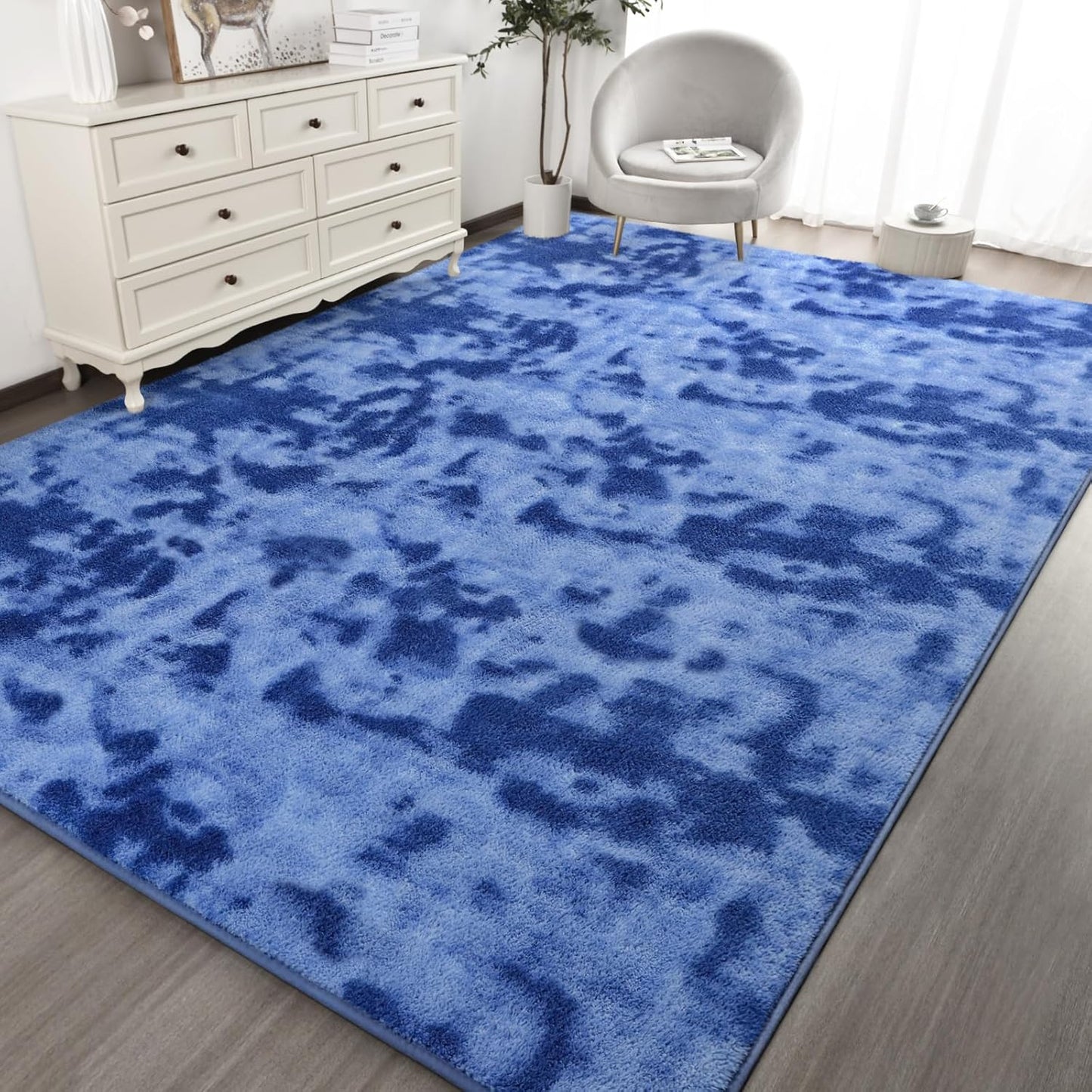 Kimicole 6x9 Washable Area Rugs for Living Room Bedroom, Large Low Pile Ulta-Thin Solid Color Rug, Non-Slip Soft Fluffy Carpet for Nursery Kids Room Dorm Room Home Decor (Blue)