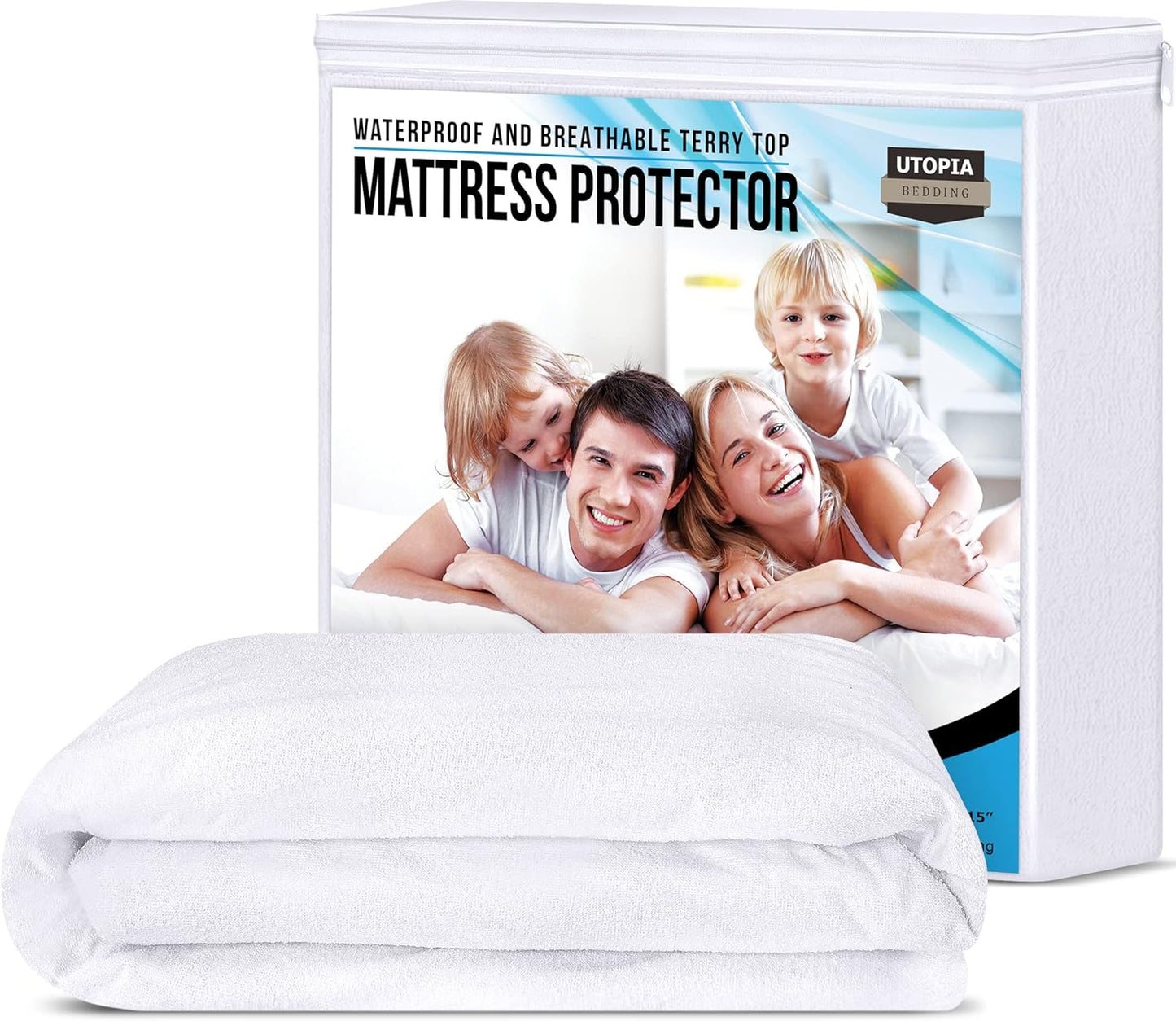 Utopia Bedding Waterproof Mattress Protector Queen Size, Premium Terry Mattress Cover 200 GSM, Breathable, Fitted Style with Stretchable Pockets (White)