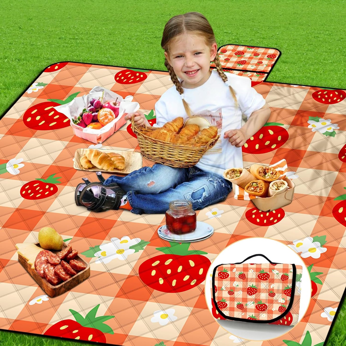 Extra Large Picnic Blanket Waterproof,80"x 80"Foldable Machine Washable Beach Blanket,Outdoor Blanket for 6-8 Adults,Suitable for Indoor Crawling,Park Beach,Camping,Hiking,Family Travel(Orange)