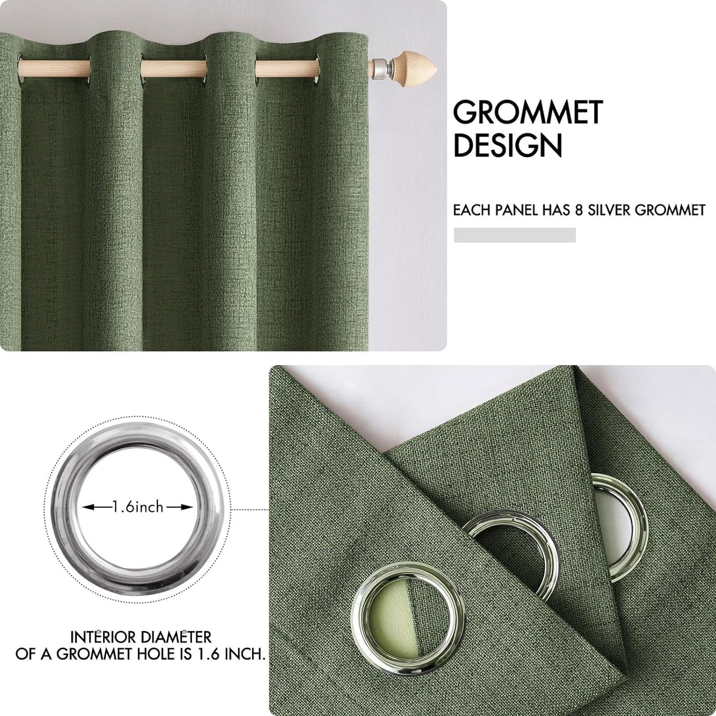 MIULEE 100% Blackout Linen Textured Curtains for Bedroom Solid Thermal Insulated Olive Green Grommet Room Darkening Curtains & Drapes Luxury Decor for Living Room Nursery 52 x 90 Inch (2 Panels)