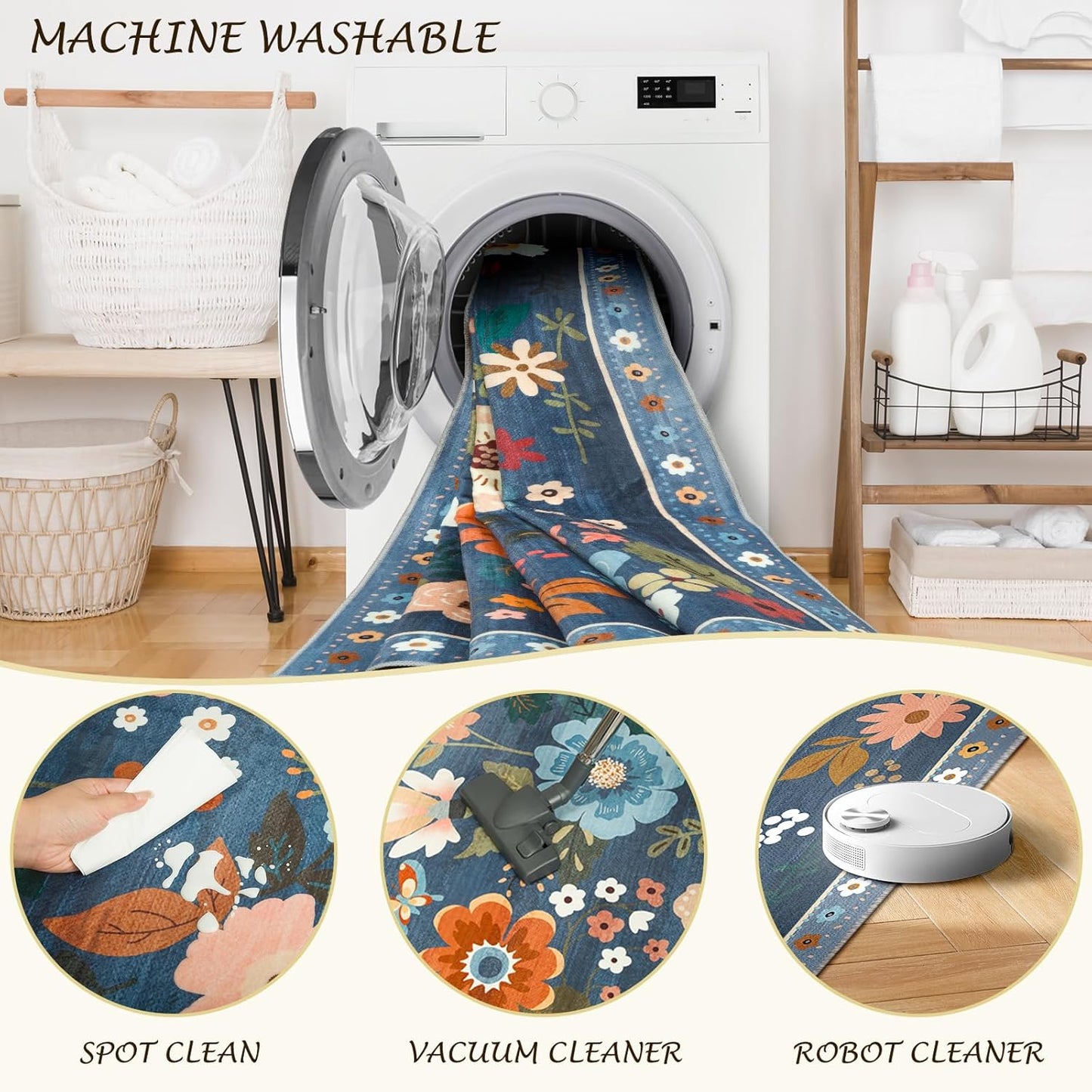 Floral 9x12 Area Rug Machine Washable Soft Print Boho Carpet Non Slip Doormat Low Pile Flower Area Rugs for Living Room Bedroom Nursery Kitchen Dining Room Indoor-Blue/Grey