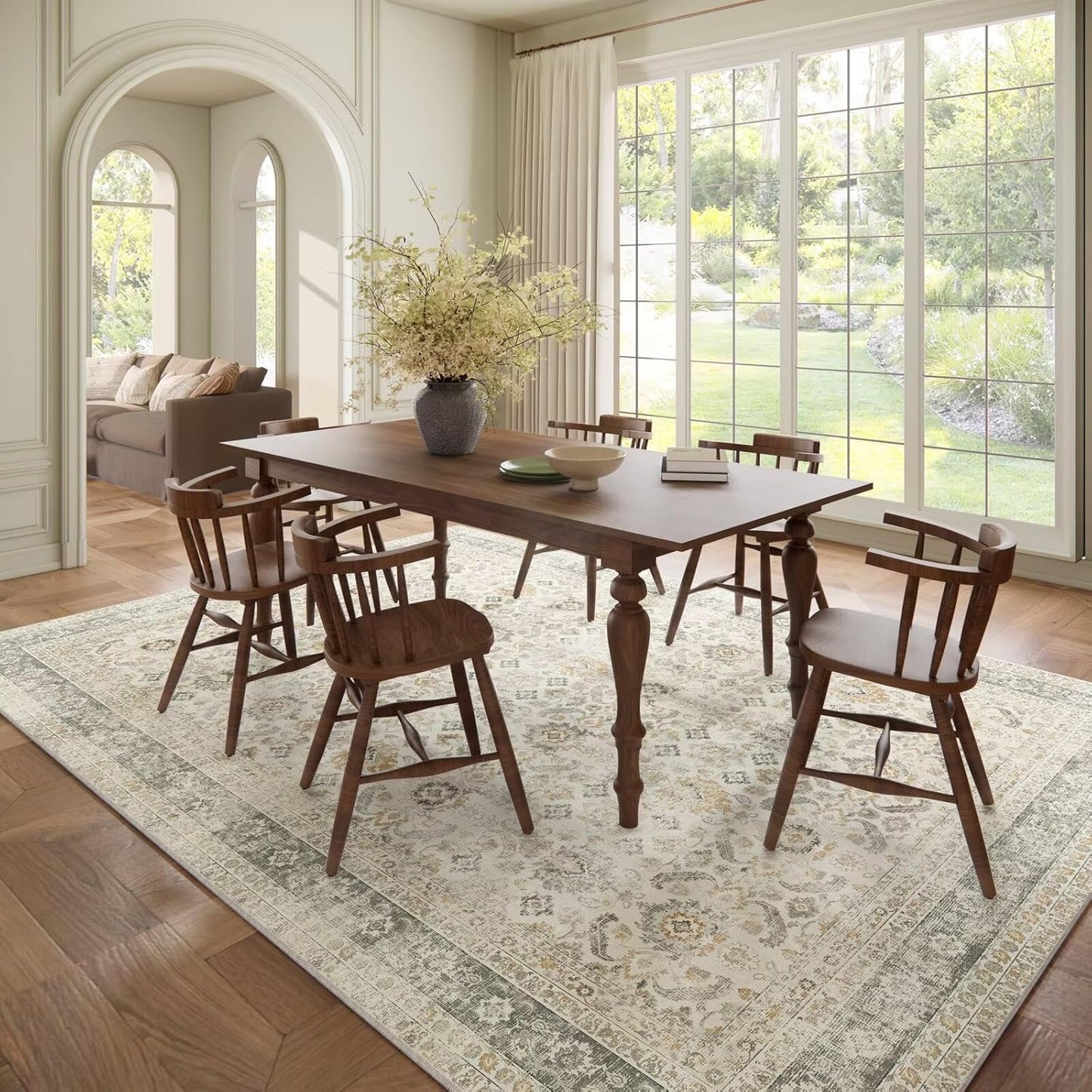 Washable 8x10 Area Rugs for Living Room, Boho Non-Slip Silicone Backing Rugs for Bedroom Dining Room Nursery Office, 0.3" Neutral Oriental Throw Carpet with 0.16" Cushioning Pad, Grey/Multi