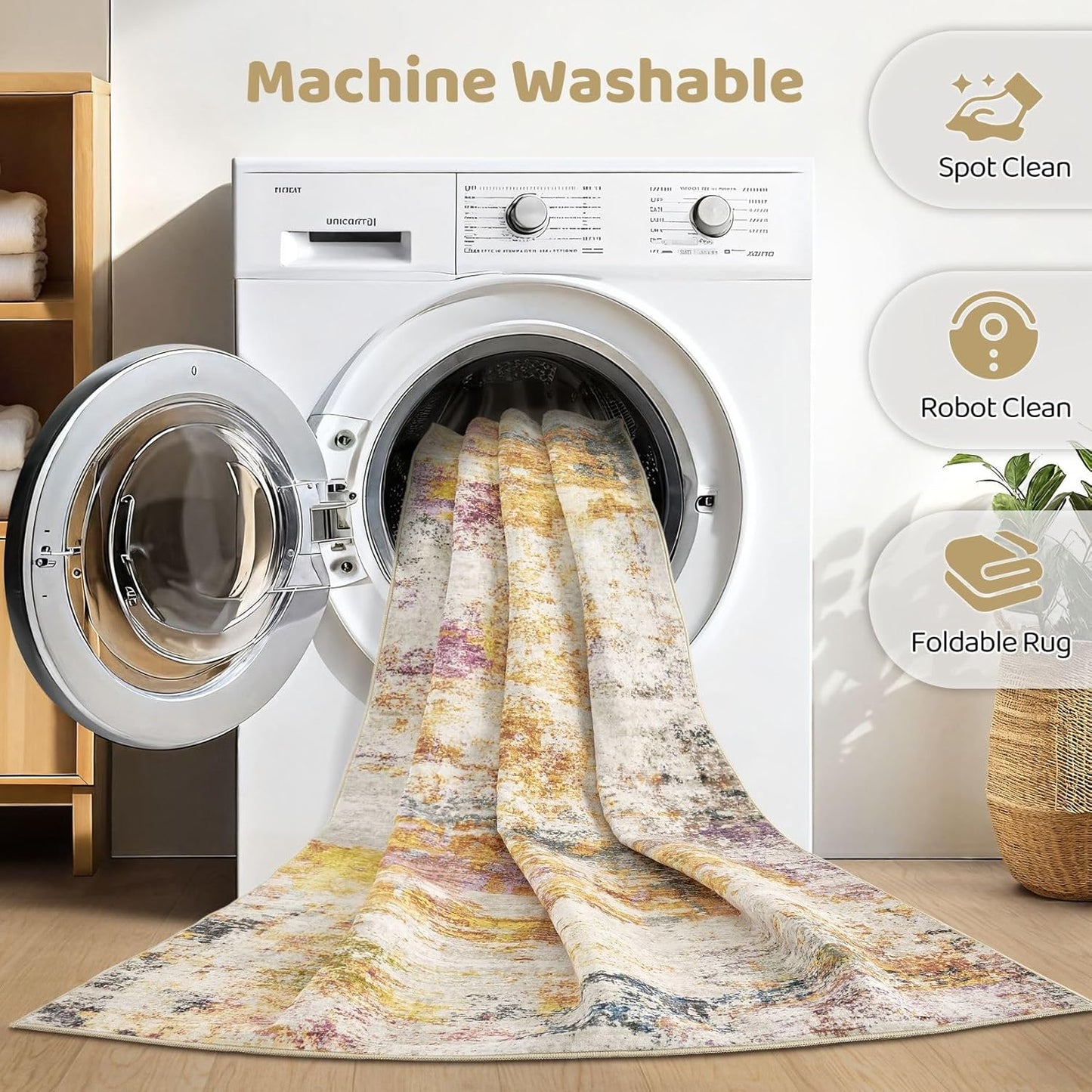 9x12 Area Rugs Living Room: Machine Washable Large Abstract Modern Soft Rug Stain Resistant Indoor Floor Non Slip Accent Carpet for Bedroom Nursery Playroom Office Dining Room Dorm- Gold Colorful