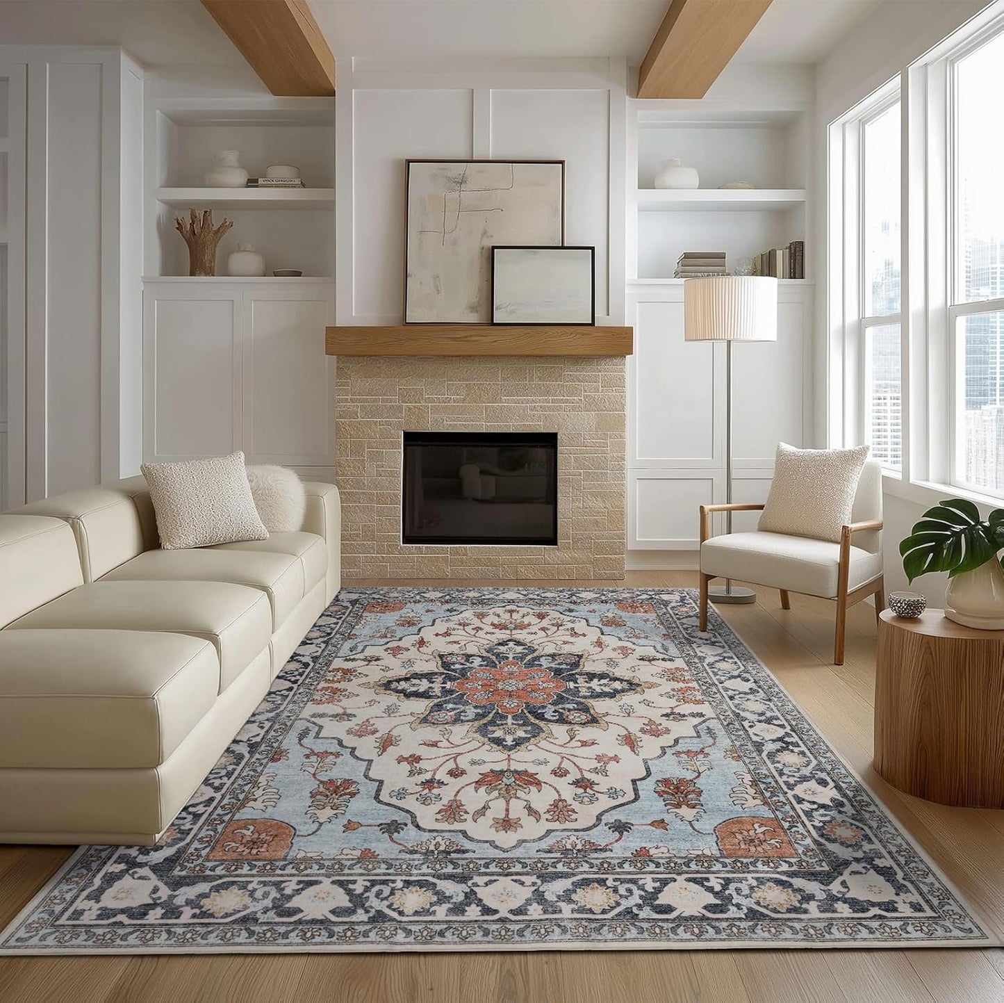 9x12 Area Rug Living Room Rugs, Stain Resistant Washable Rug, Vintage Large Non-Slip Backing, Low Pile Lightweight Print Rug for Bedroom Dinning Room Home Office (Blue/Gray)